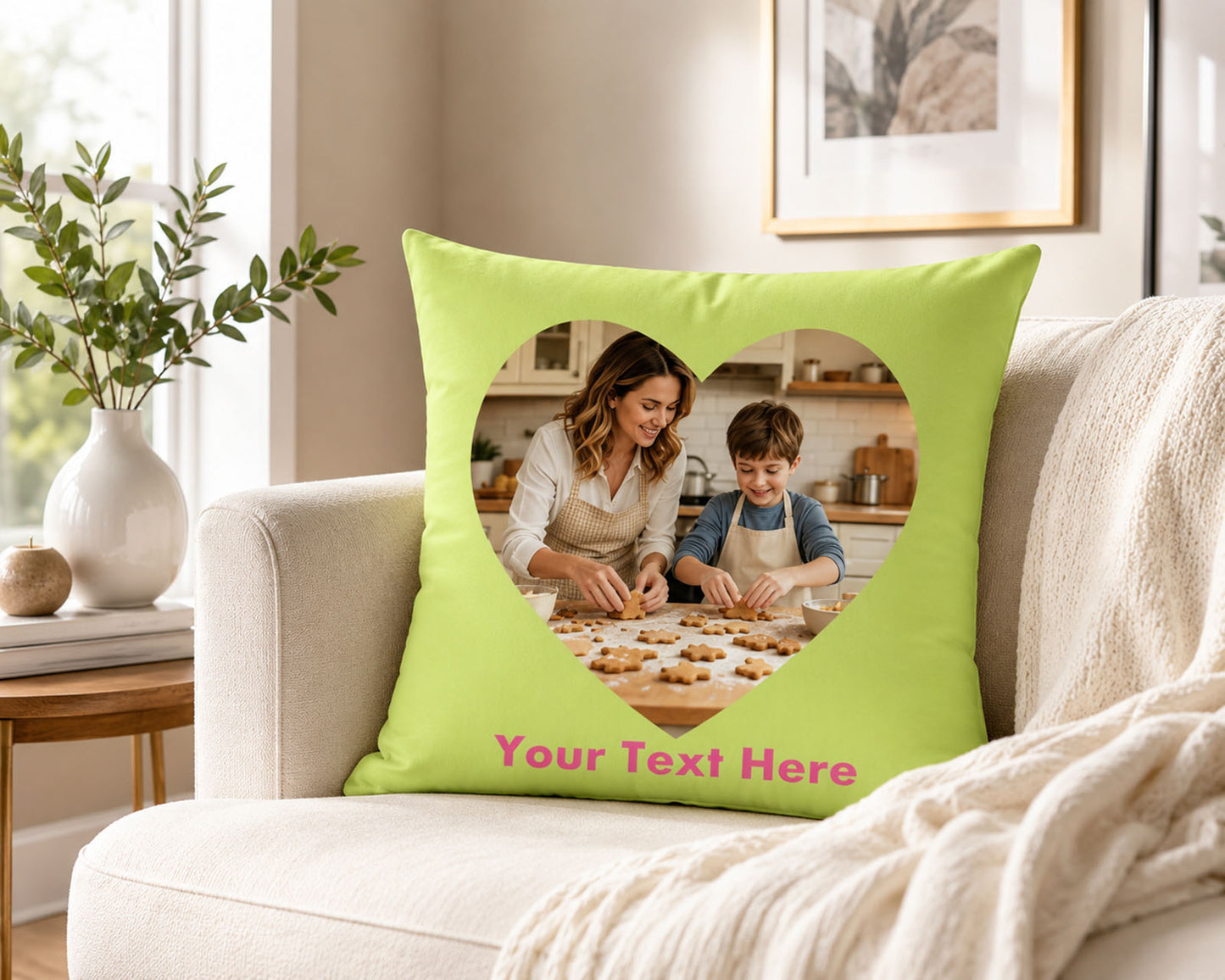 Custom Photo Pillow Cover, Personalized Lime Green Heart-Shaped Throw Pillow with Your Own Picture & Custom Text, Unique Family Keepsake & Mother's Day Gift, Decorative Cushion Case for Home Decor