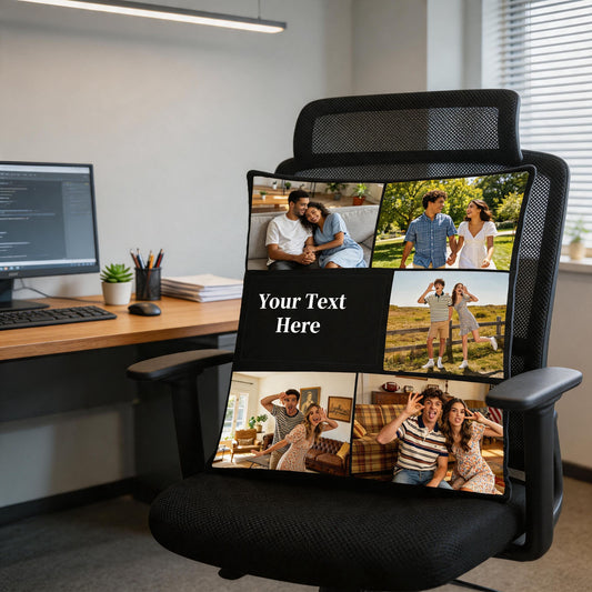 Custom Photo Pillow Cover on Office Chair, Personalized Photo Collage Cushion Cover for Work Desk Decor, Custom Text Throw Pillow for Home Office, 18x18 Inch