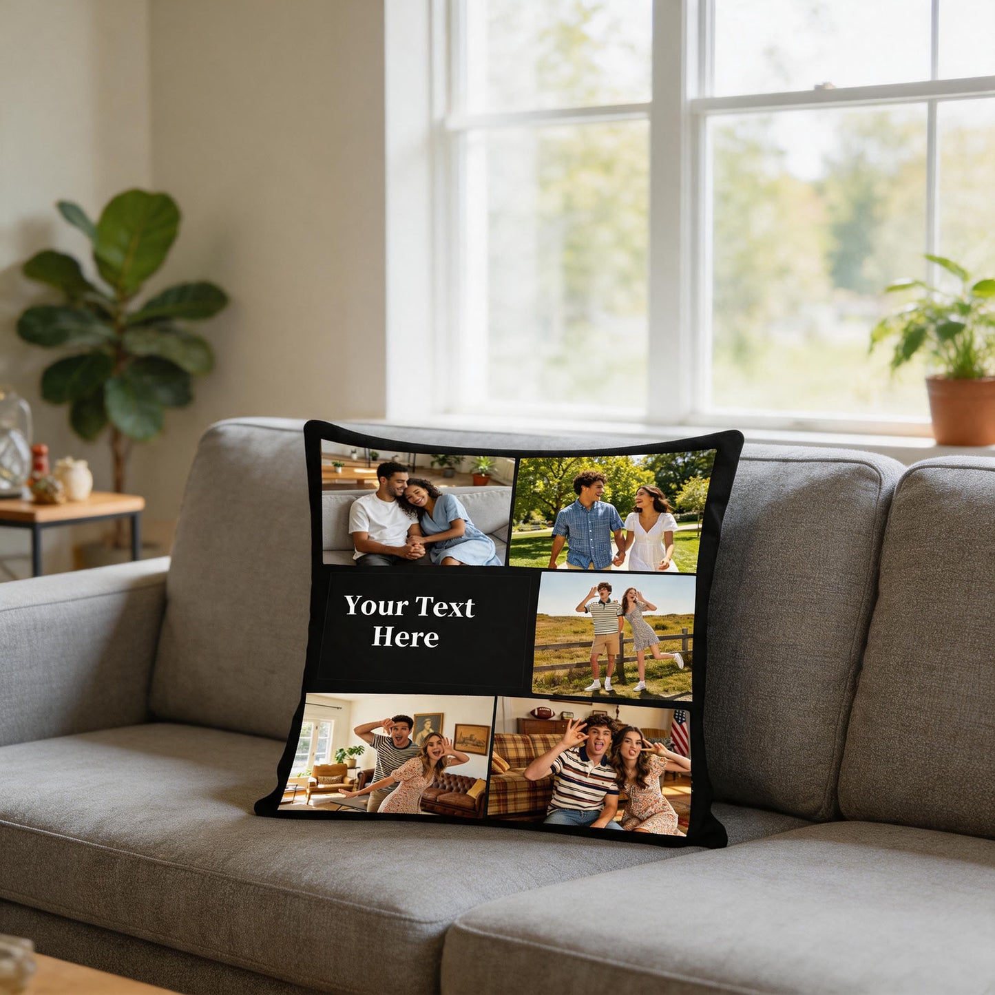 Custom Photo Pillow Cover on Living Room Sofa, Personalized 5-Picture Collage Cushion Cover with Custom Text, Home Decor Throw Pillow, 16x16 Inch