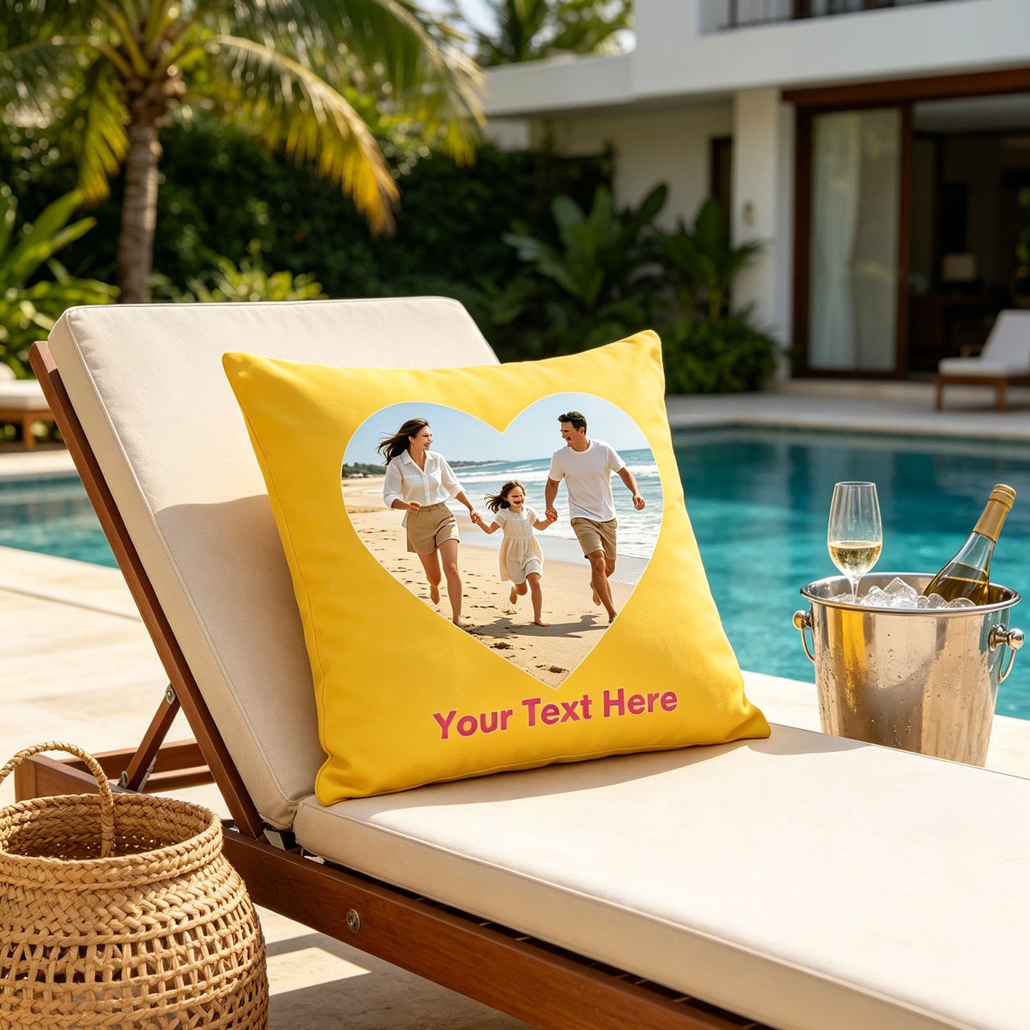 Custom Photo Pillow Cover on Poolside Lounge Chair, Personalized Family Beach Photo Cushion in Tropical Backyard, Bright Yellow Custom Throw Pillow for Summer Outdoor Decor