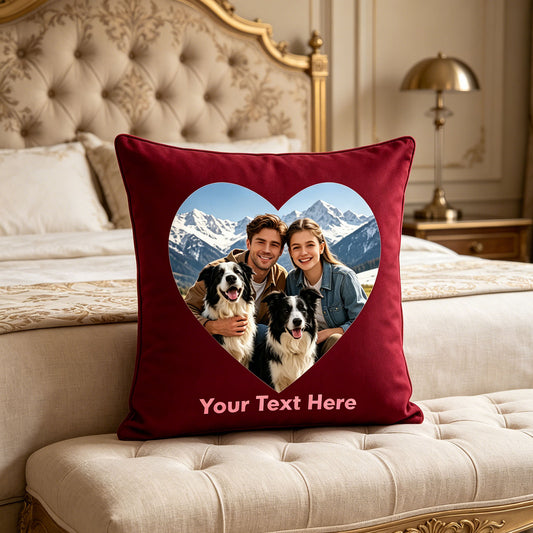Custom Photo Pillow Cover on Tufted Bedroom Bench, Personalized Couple & Dog Picture Cushion in Luxury Master Bedroom, Burgundy Custom Throw Pillow for Romantic Home Decor