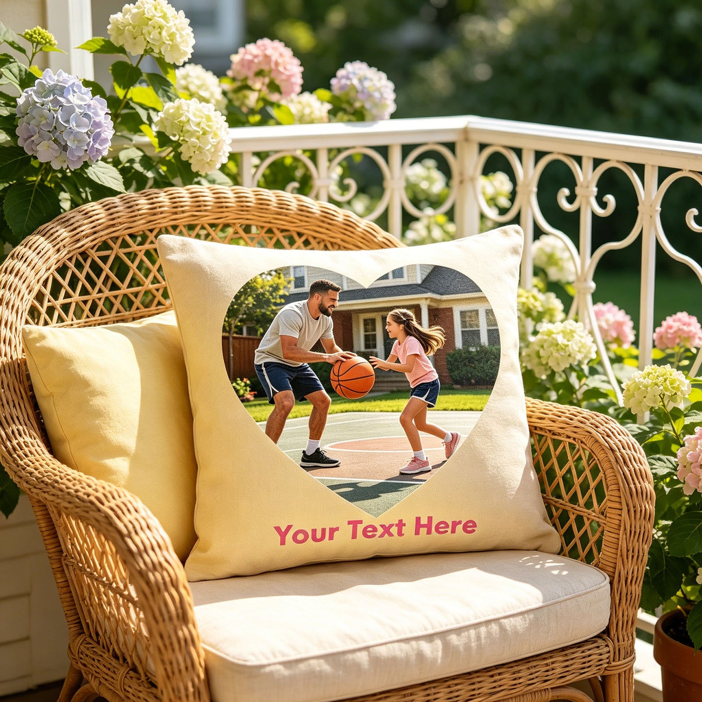 Custom Photo Pillow Cover on Wicker Patio Chair, Personalized Outdoor Sports Family Cushion in Floral Balcony, Yellow Custom Throw Pillow for Garden Home Decor
