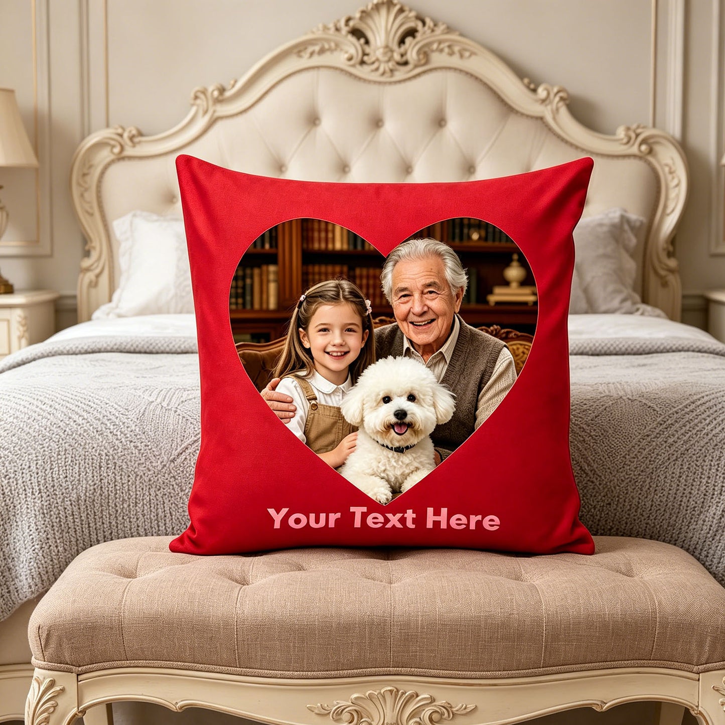 Custom Photo Pillow Cover on Tufted Bedroom Bench, Personalized Family Picture Cushion in Luxury Bedroom, Customizable Red Throw Pillow for Romantic Home Decor