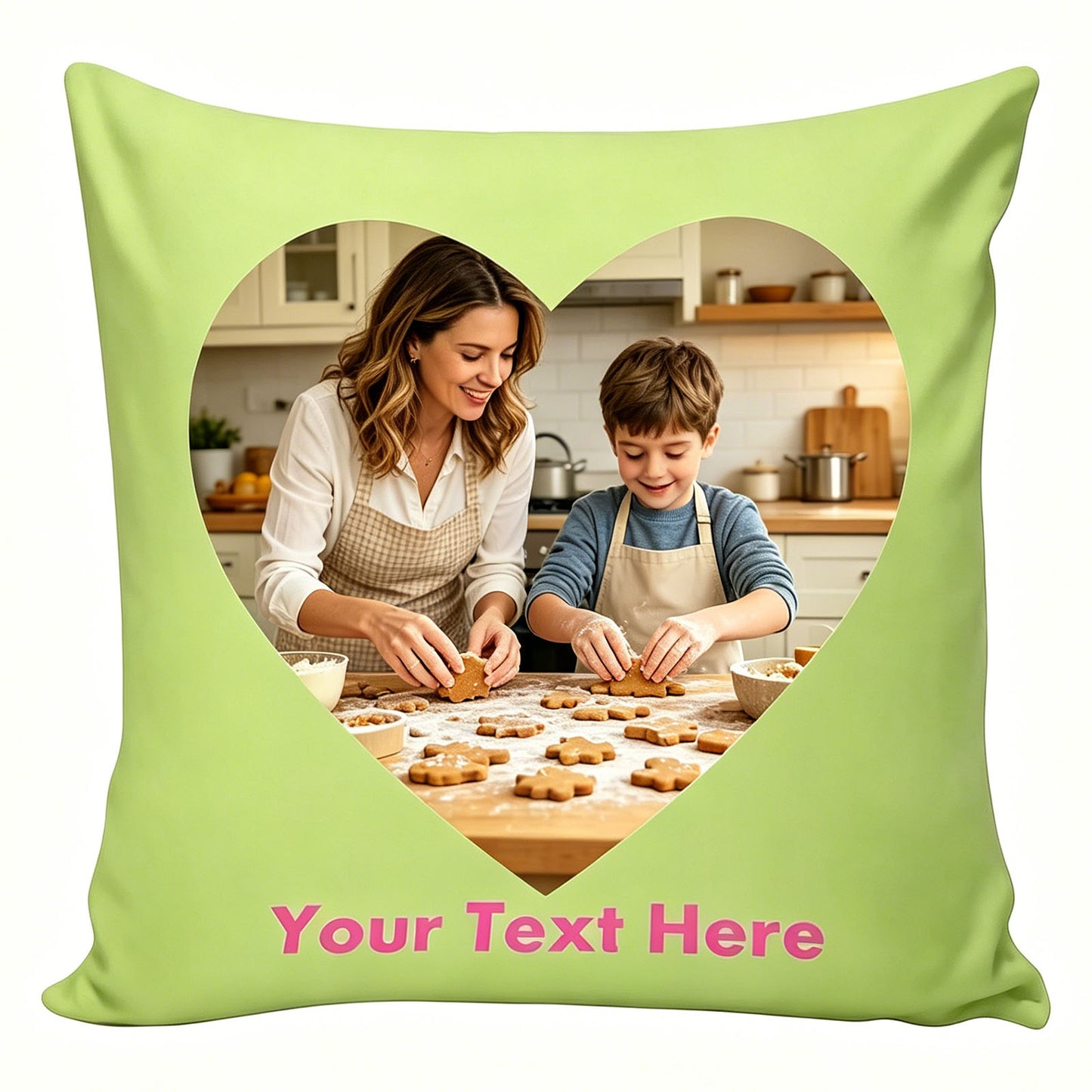 Custom Photo Pillow Cover, Personalized Lime Green Heart-Shaped Throw Pillow with Your Own Picture & Custom Text, Unique Family Keepsake & Mother's Day Gift, Decorative Cushion Case for Home Decor