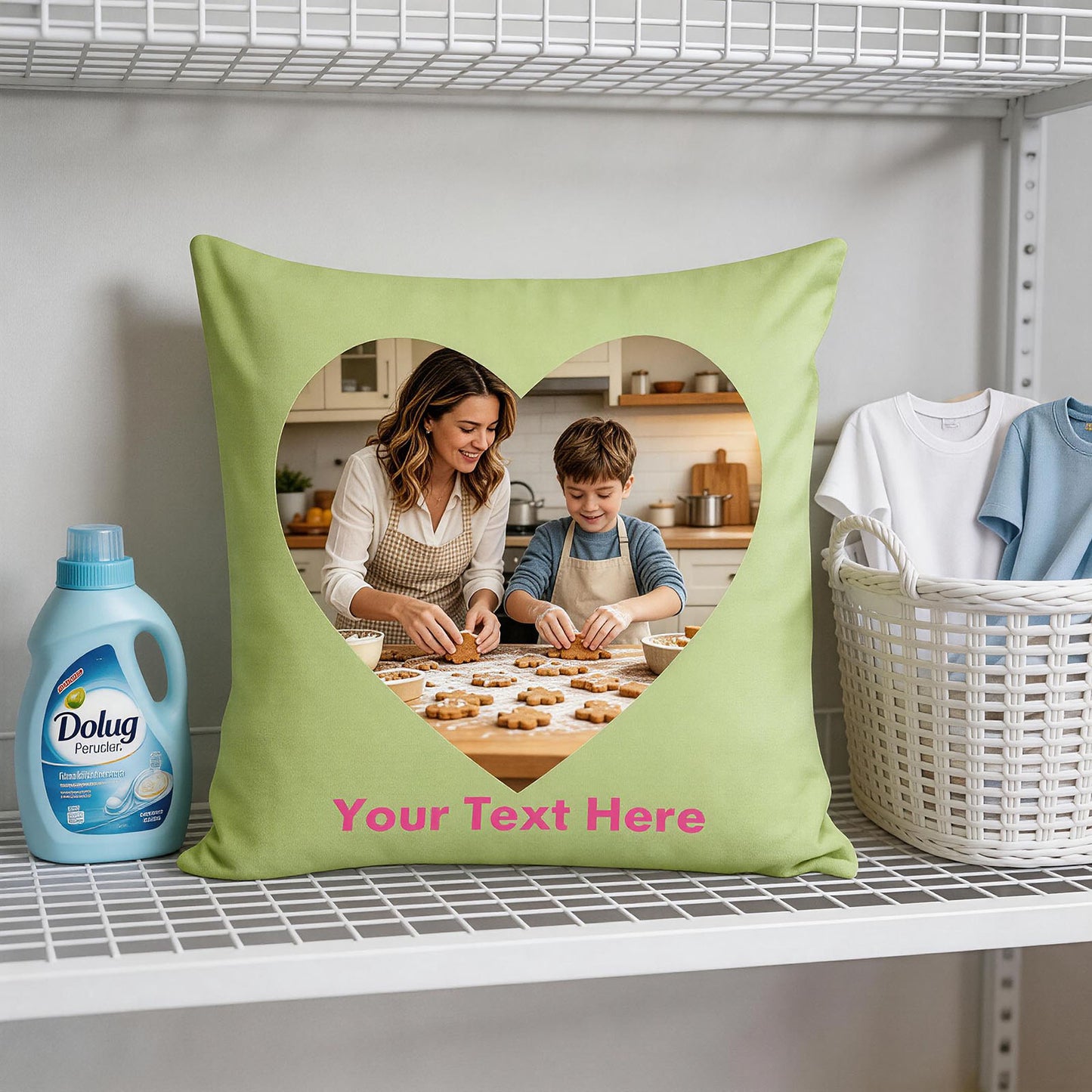 Custom Photo Pillow Cover, Personalized Lime Green Heart-Shaped Throw Pillow with Your Own Picture & Custom Text, Unique Family Keepsake & Mother's Day Gift, Decorative Cushion Case for Home Decor