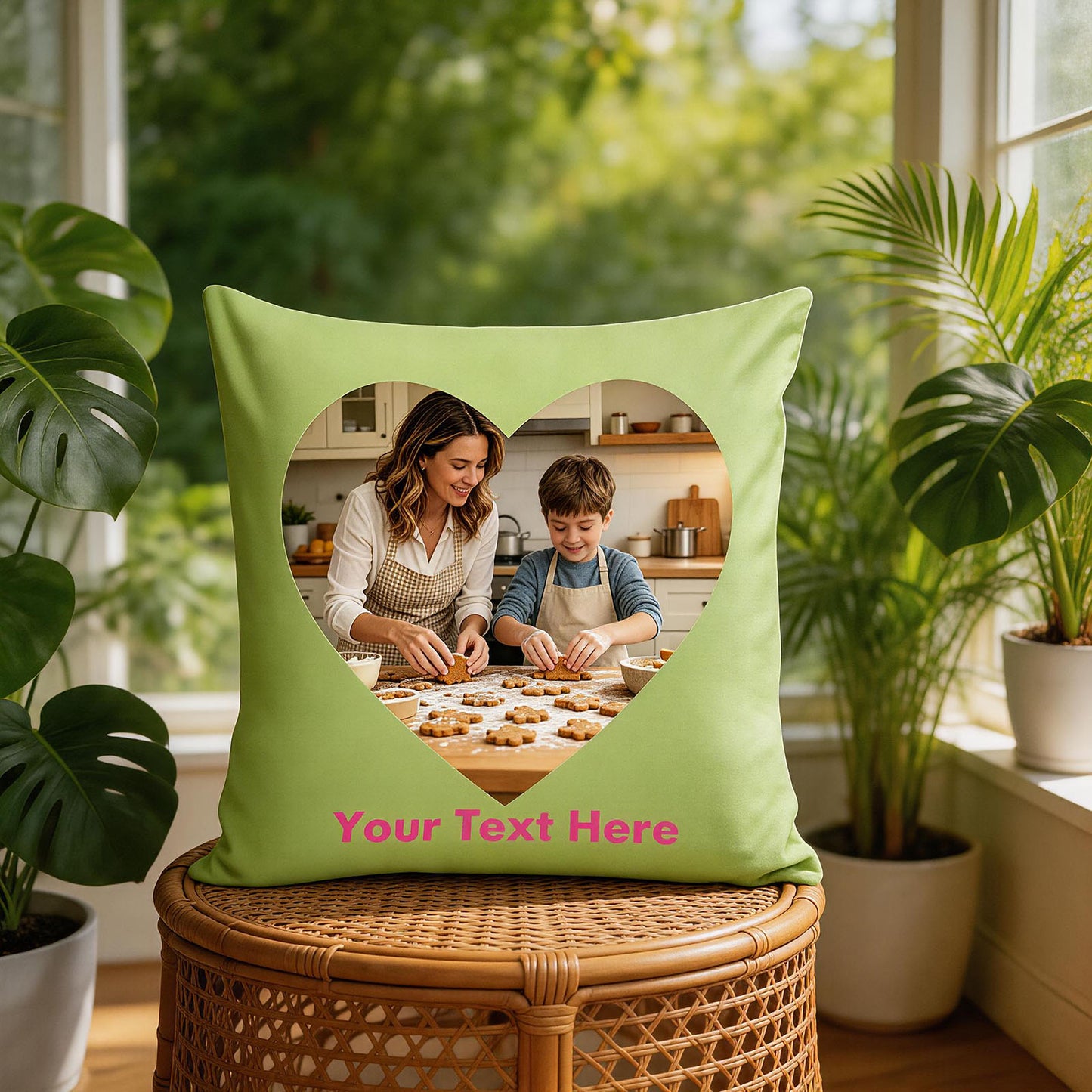 Custom Photo Pillow Cover, Personalized Lime Green Heart-Shaped Throw Pillow with Your Own Picture & Custom Text, Unique Family Keepsake & Mother's Day Gift, Decorative Cushion Case for Home Decor