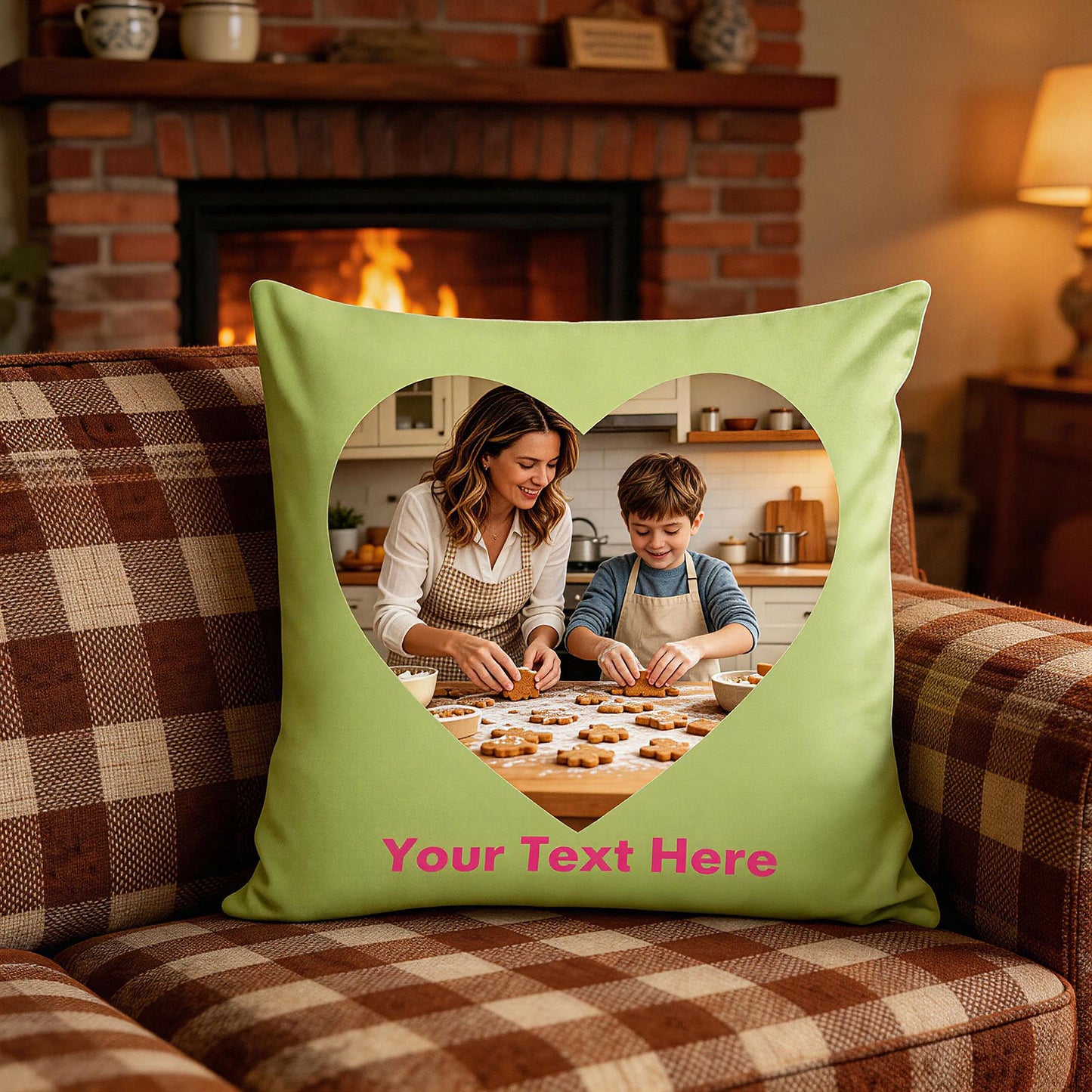 Custom Photo Pillow Cover, Personalized Lime Green Heart-Shaped Throw Pillow with Your Own Picture & Custom Text, Unique Family Keepsake & Mother's Day Gift, Decorative Cushion Case for Home Decor