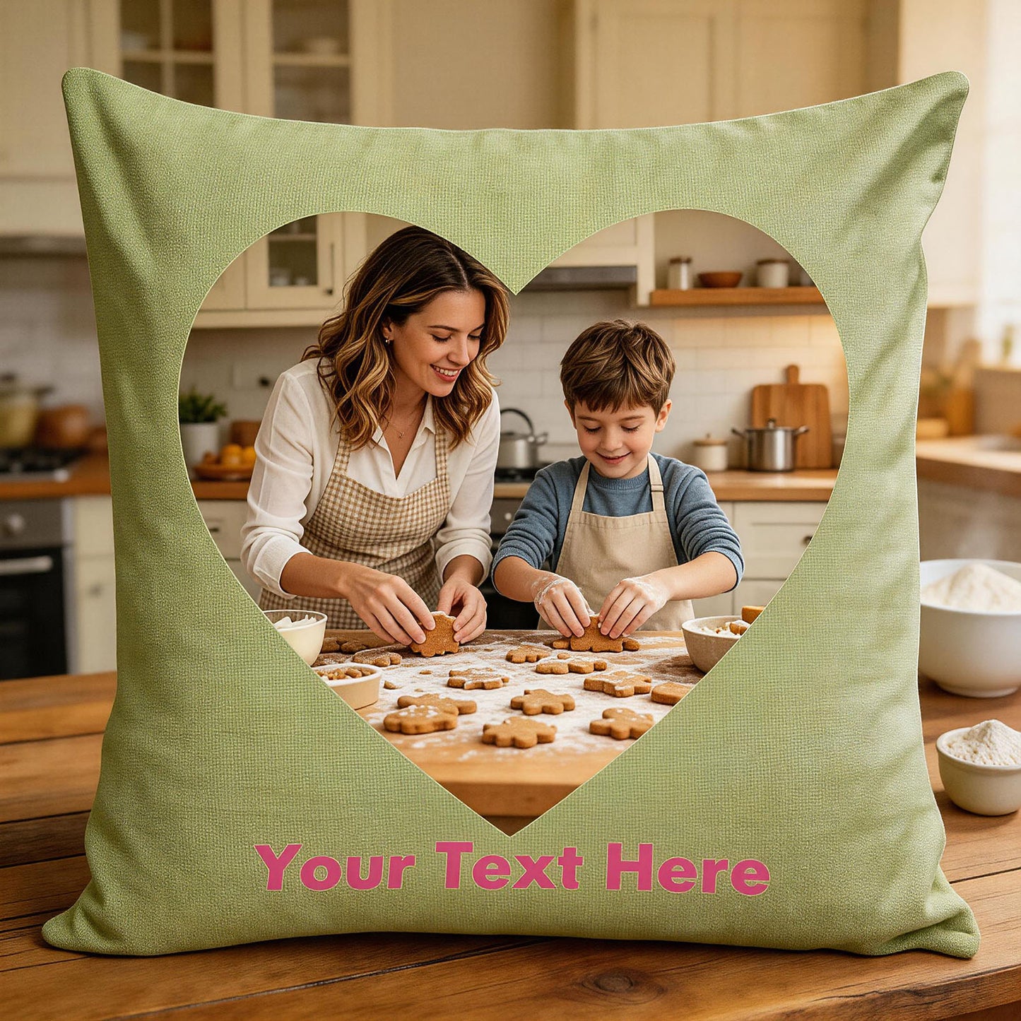 Custom Photo Pillow Cover, Personalized Lime Green Heart-Shaped Throw Pillow with Your Own Picture & Custom Text, Unique Family Keepsake & Mother's Day Gift, Decorative Cushion Case for Home Decor