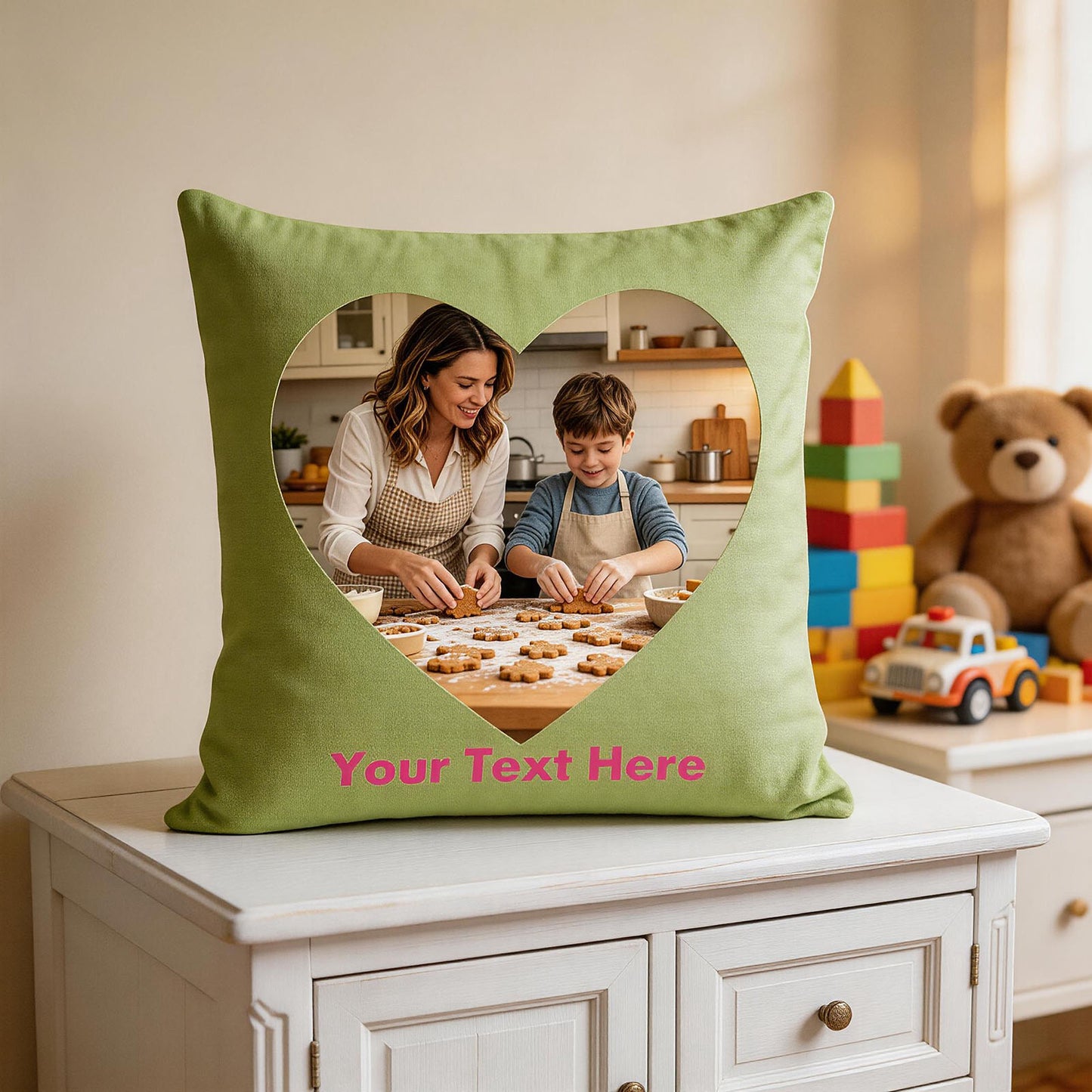 Custom Photo Pillow Cover, Personalized Lime Green Heart-Shaped Throw Pillow with Your Own Picture & Custom Text, Unique Family Keepsake & Mother's Day Gift, Decorative Cushion Case for Home Decor