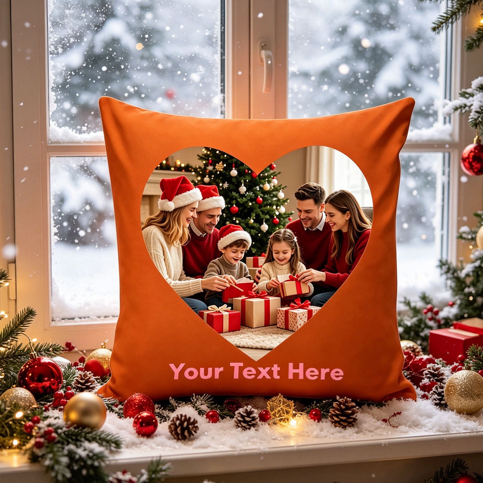 Custom Christmas Photo Pillow Cover on Snowy Windowsill with Pine Cones, Personalized Family Holiday Cushion in Winter Wonderland Setting, Orange Custom Throw Pillow for Cozy Christmas Decor