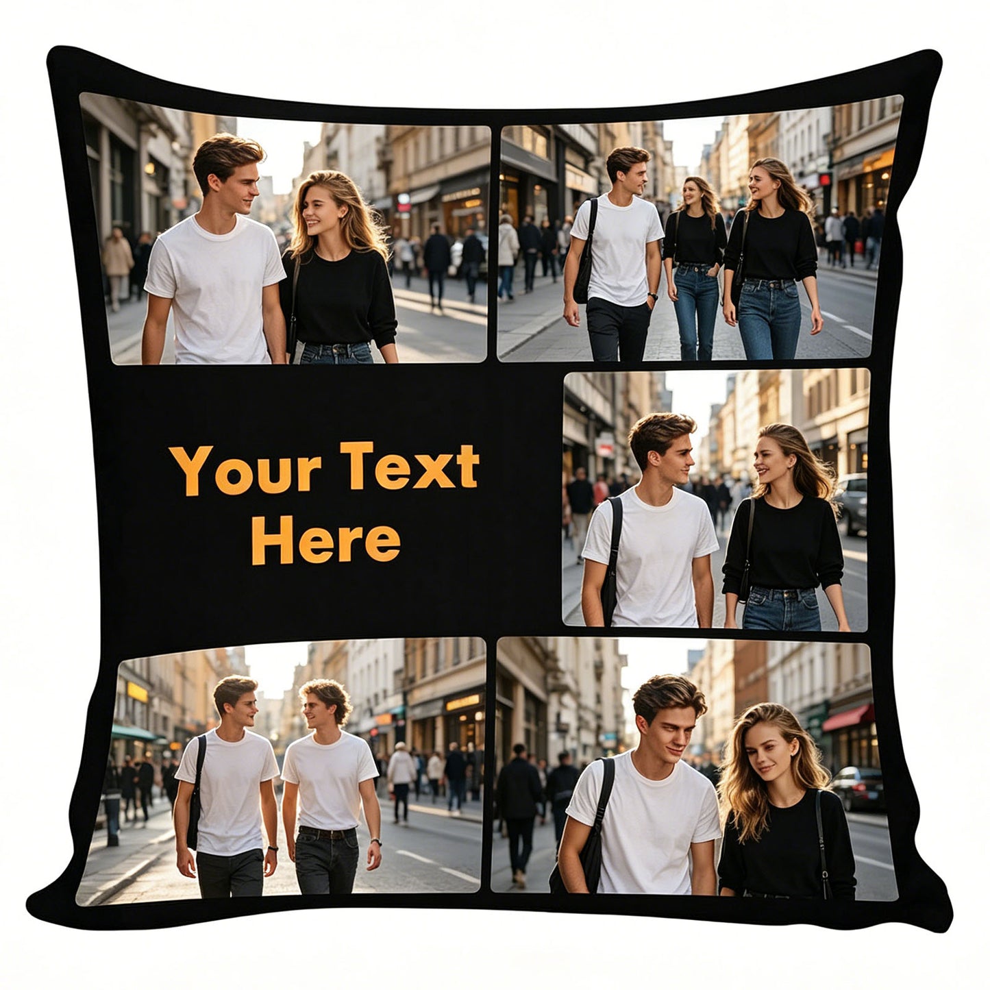 Custom 5-Photo Travel Memory Collage Pillow Cover with Personalized Text, Black Border, Personalized City Trip Souvenir Throw Pillow