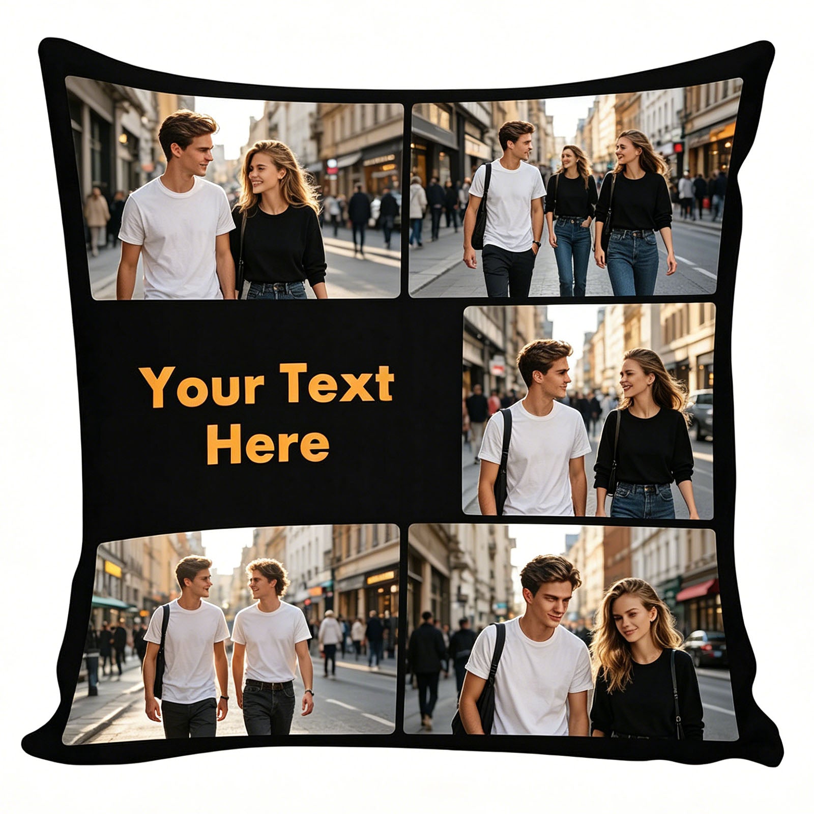 Custom 5-Photo Travel Memory Collage Pillow Cover with Personalized Text, Black Border, Personalized City Trip Souvenir Throw Pillow