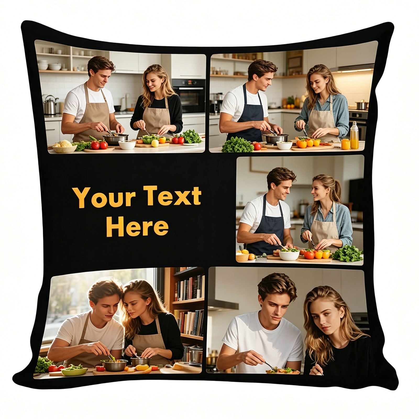 Custom 5 Photo Collage Pillow Cover with Personalized Text, Black Border, Personalized Kitchen & Home Decor Throw Pillow