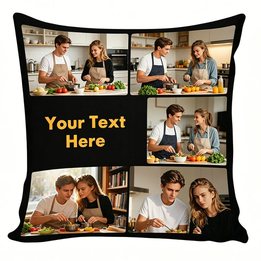 Custom 5 Photo Collage Pillow Cover with Personalized Text, Black Border, Personalized Kitchen & Home Decor Throw Pillow