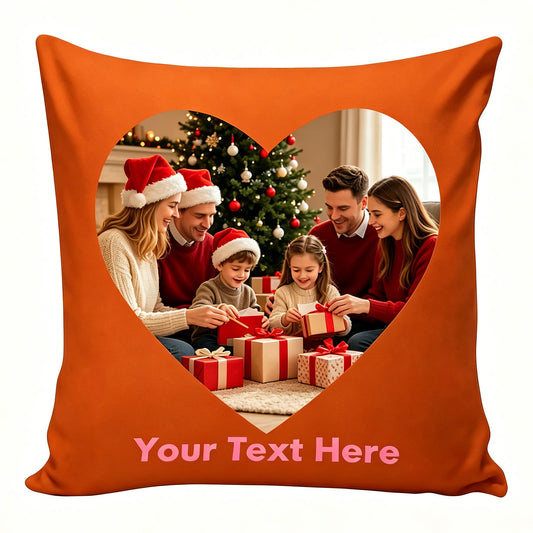 Custom Christmas Photo Pillow Cover, Personalized Heart-Shaped Throw Pillow with Family Christmas Photo, Orange Holiday Decorative Cushion Cover, Customizable Text Pillow for Christmas Family Memories