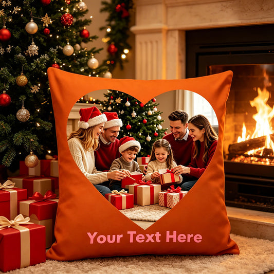 Custom Christmas Photo Pillow Cover by Cozy Fireplace & Christmas Tree, Personalized Family Holiday Cushion in Festive Living Room, Orange Custom Throw Pillow for Christmas Home Decor