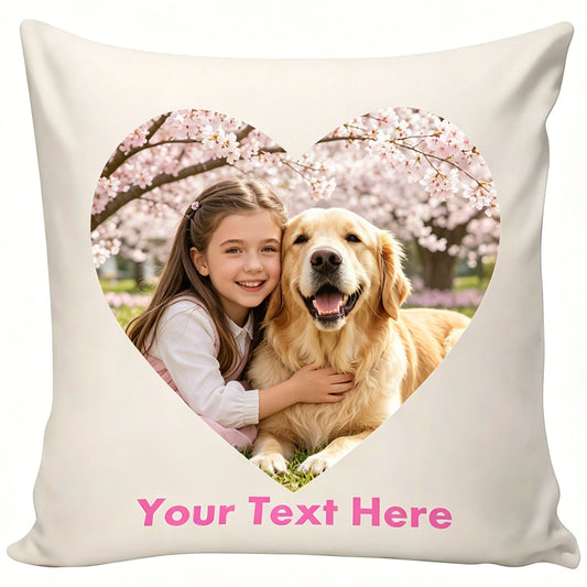 Custom Heart-Shaped Pet & Family Photo Pillow Cover with Personalized Text, Dog Lover Keepsake Throw Pillow