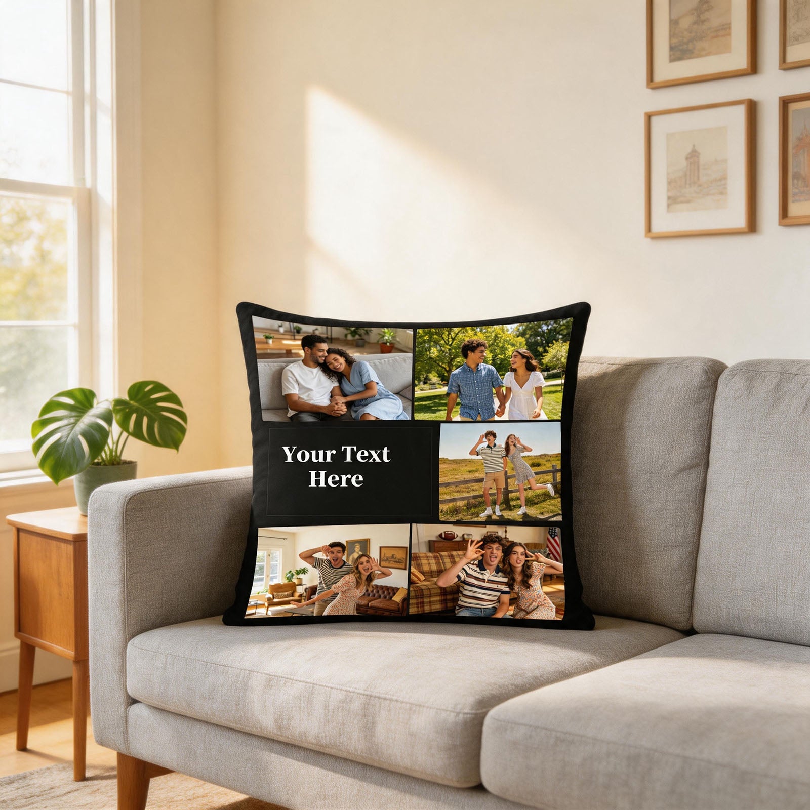 Custom Photo Collage Pillow Cover on Living Room Sofa, Personalized Throw Pillow with Custom Text, Memory Photo Cushion Cover for Home Decor, 18x18 Inch
