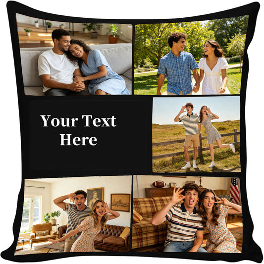 Custom Photo Collage Pillow Cover, 5 Pictures Personalized Throw Pillow Case with Custom Text, Personalized Memory Cushion Cover, 18x18 Inch, Black Border