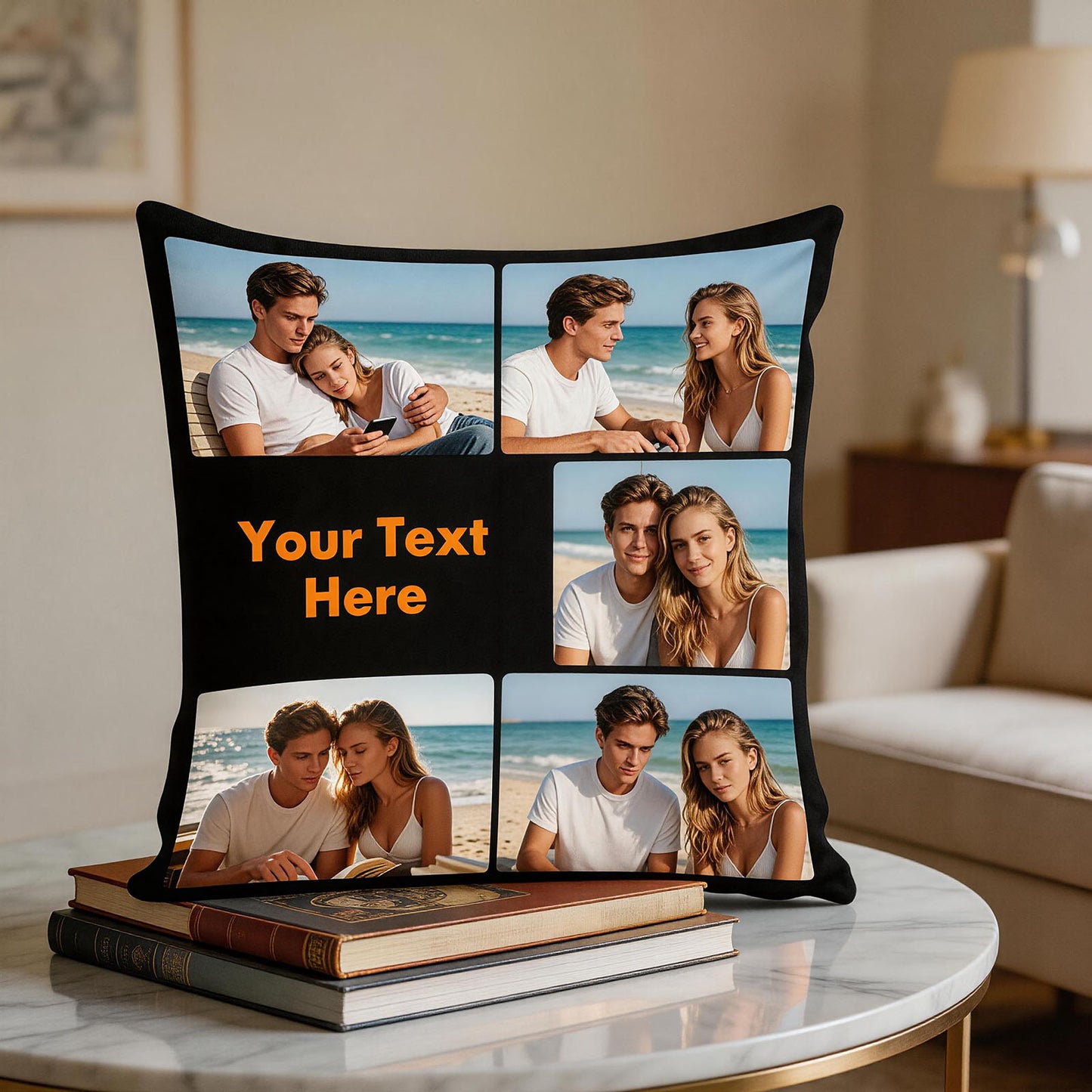 Custom Photo Collage Pillow Cover Variation, 5-Picture Layout Throw Pillow with Personalized Text, Black Border Cushion Cover for Home Decor