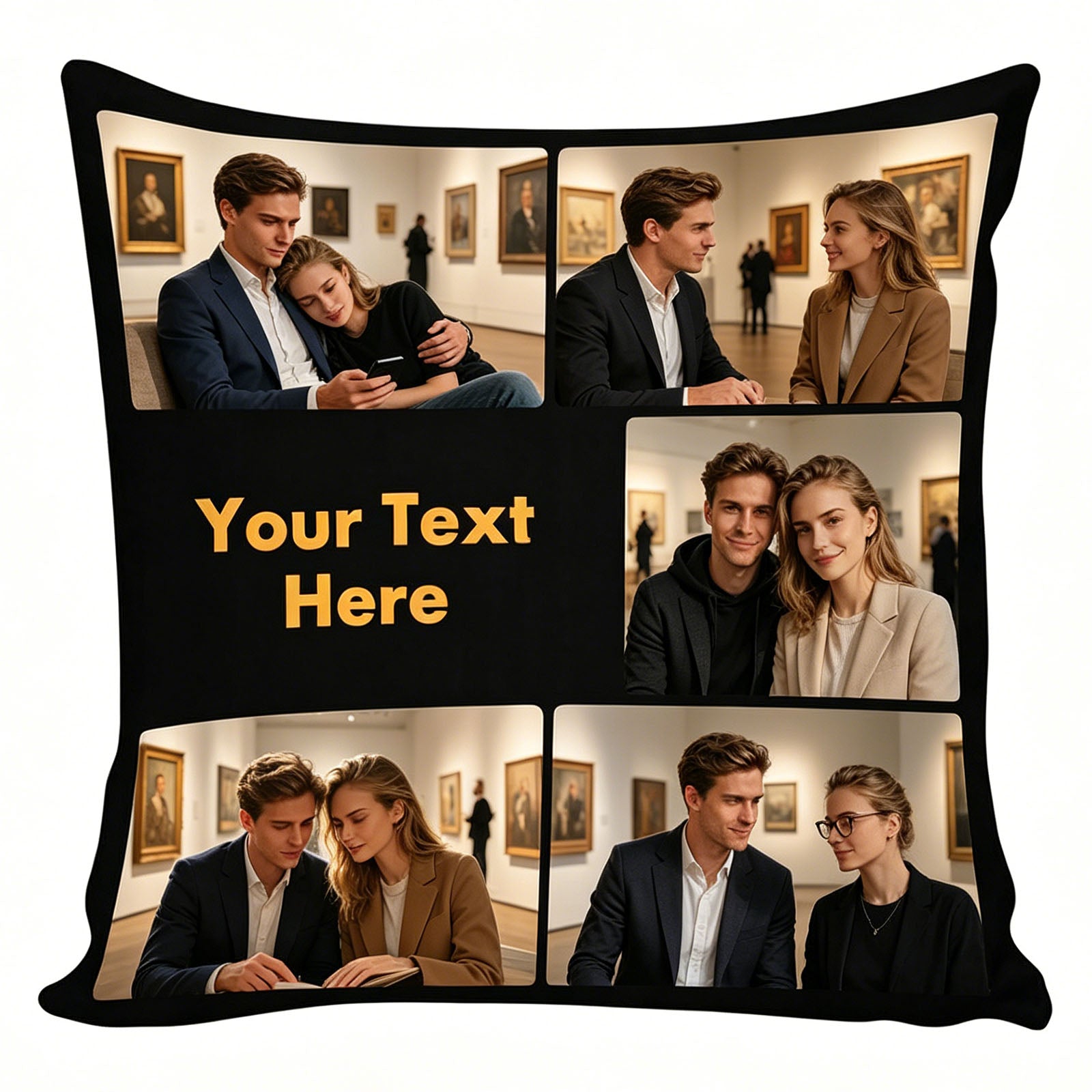 Custom Photo Collage Pillow Cover With Personalized Text And Black Border, Unique Custom Home Decor Cushion Case