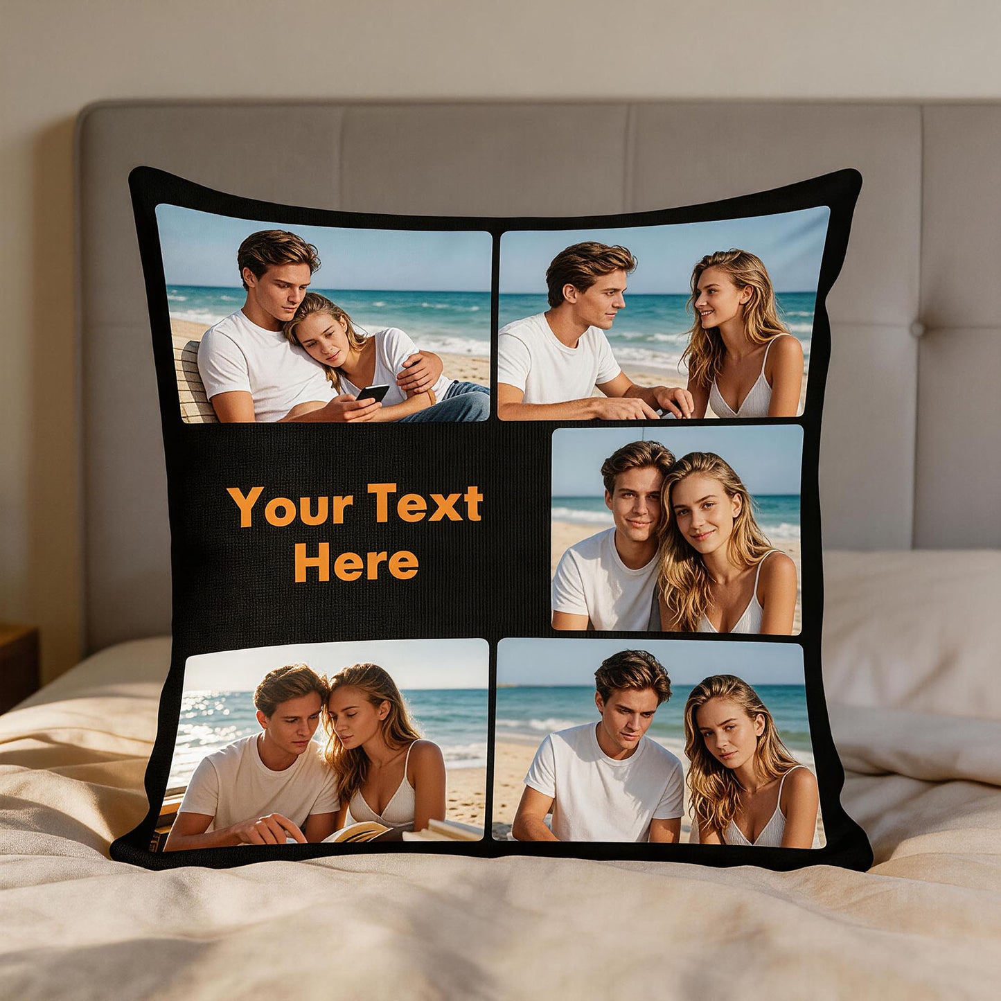 Custom Photo Collage Pillow Cover on Armchair, Personalized Throw Pillow with Custom Text, Cozy Home Decor Cushion Cover