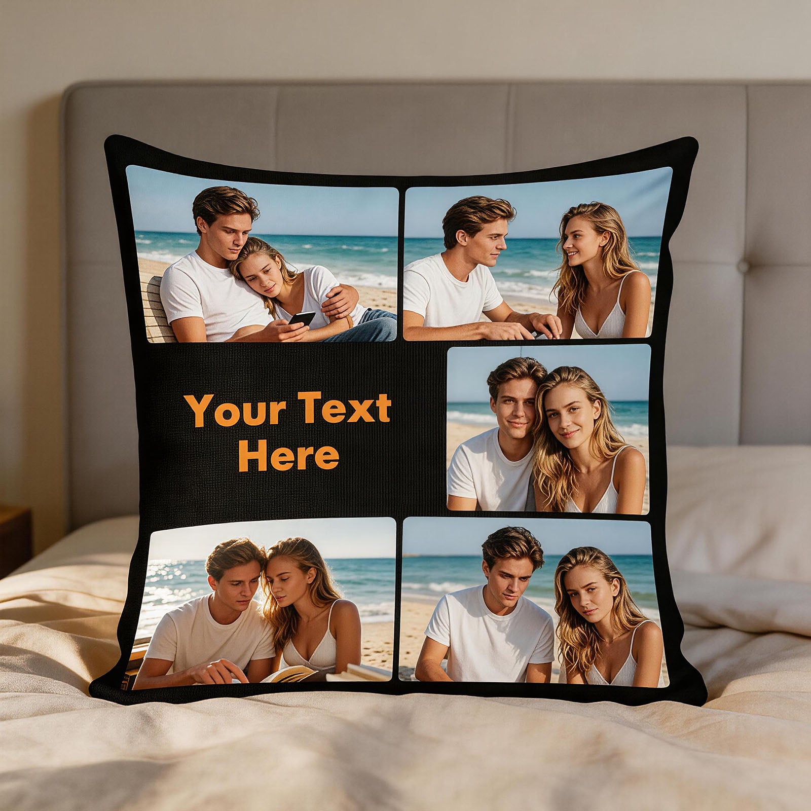 Custom Photo Collage Pillow Cover on Armchair, Personalized Throw Pillow with Custom Text, Cozy Home Decor Cushion Cover