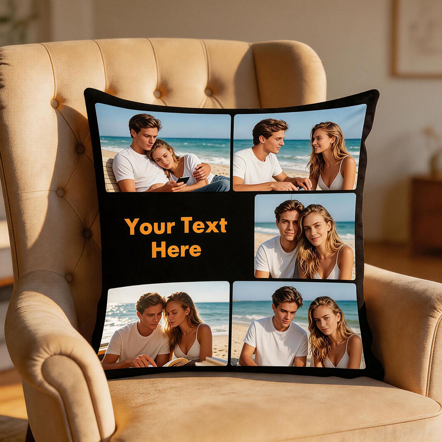 Custom Photo Collage Pillow Cover on Coffee Table, Personalized Throw Pillow with Custom Text, Home Living Room Decor Cushion Cover, 18x18 Inch