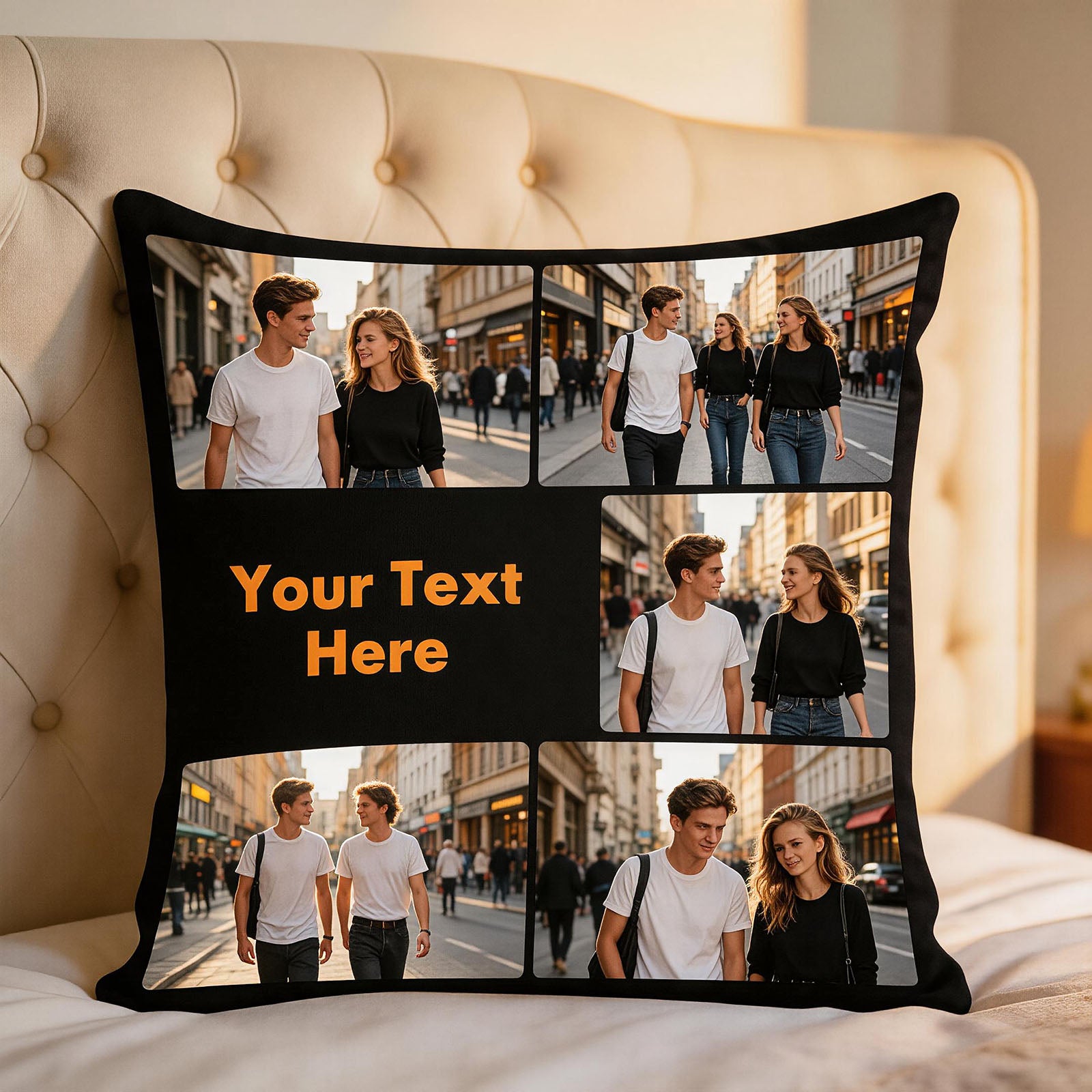 Custom Photo Collage Pillow Cover on Floating Bookshelf, Personalized Travel Memory Cushion Cover with Custom Text, Urban Home Decor Throw Pillow