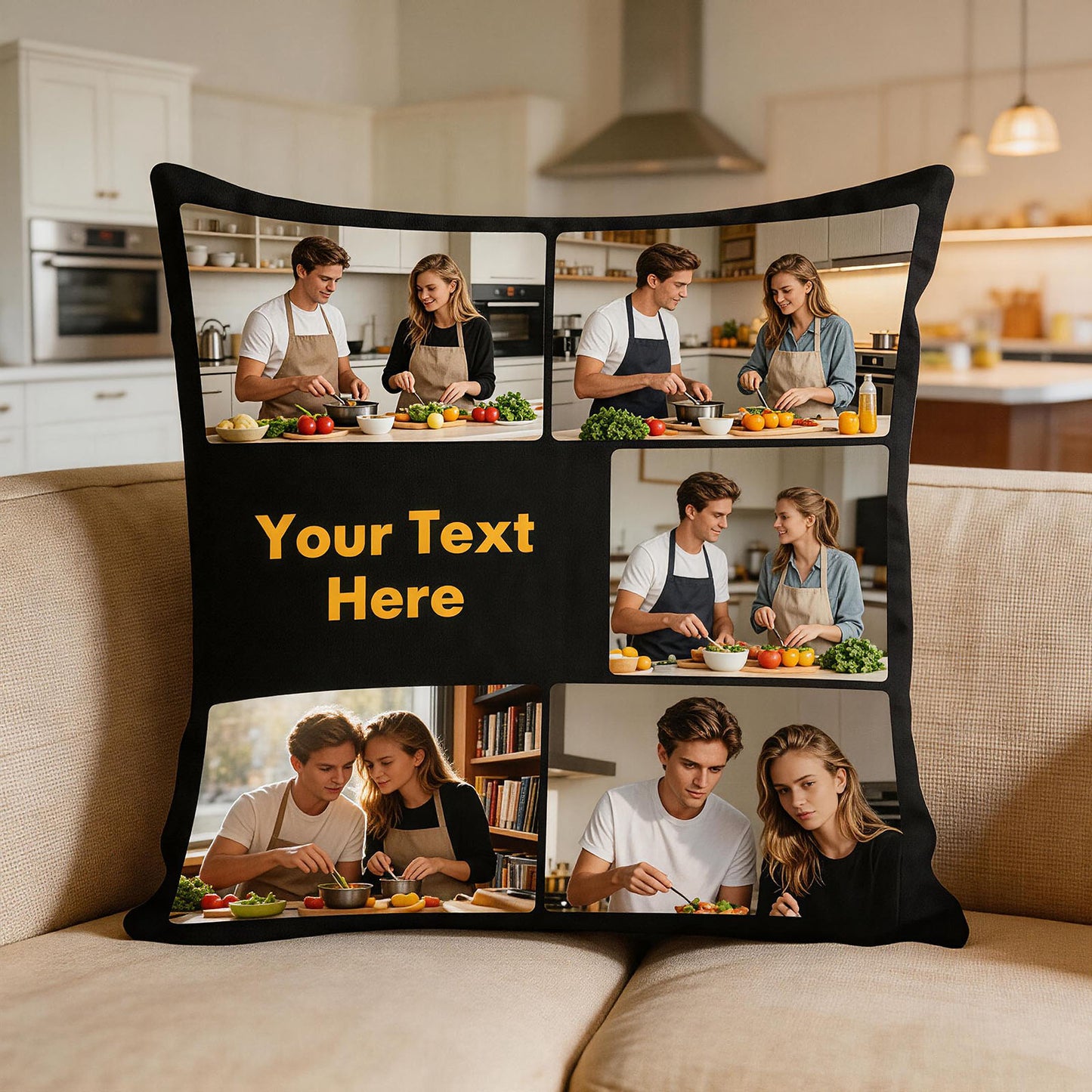 Custom Photo Collage Pillow Cover on Light Beige Sofa, Personalized Throw Pillow with Custom Text, Cozy Home Interior Cushion