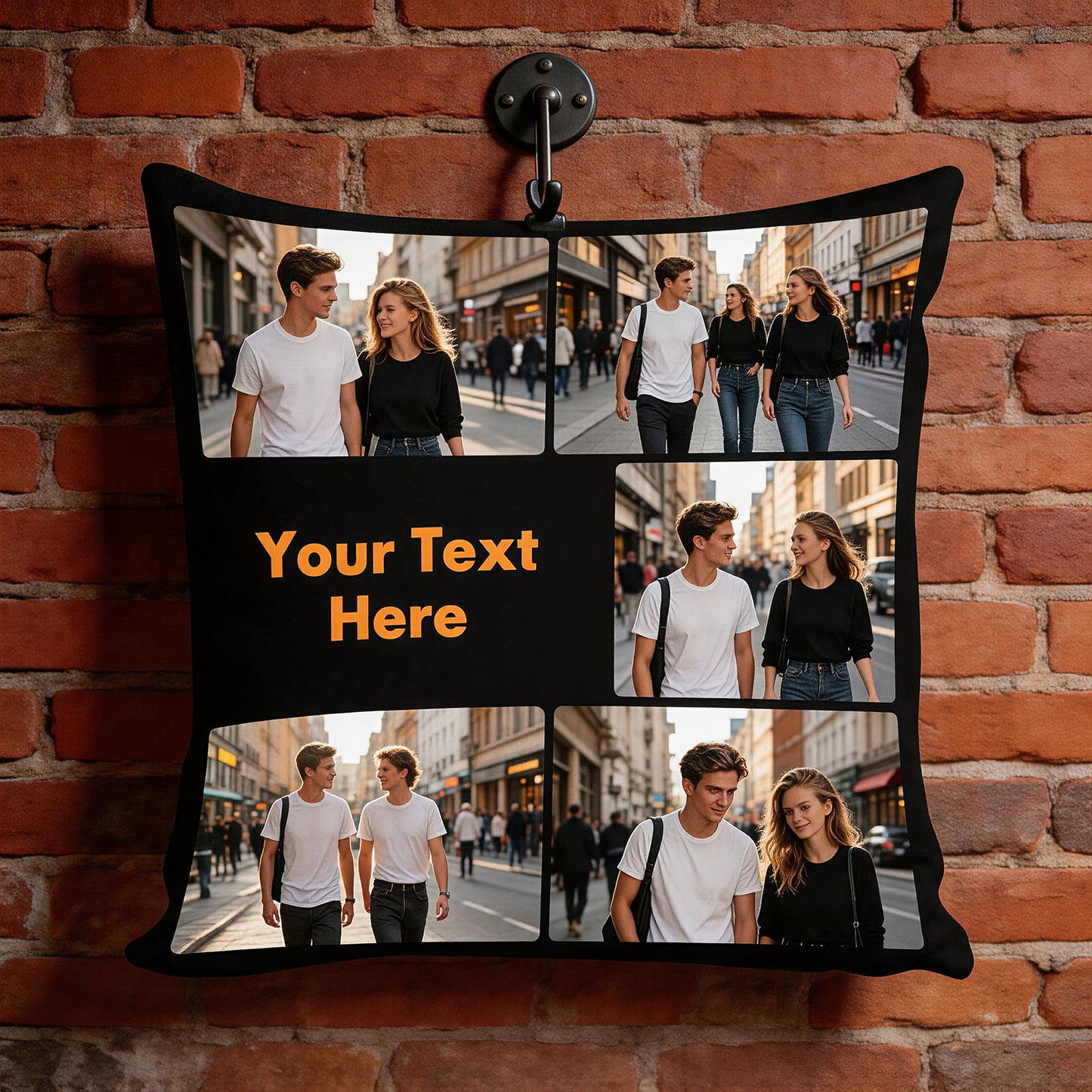 Custom Photo Collage Pillow Cover on Marble Coffee Table, Personalized City Trip Cushion Cover with Custom Text, Modern Living Room Decor Throw Pillow