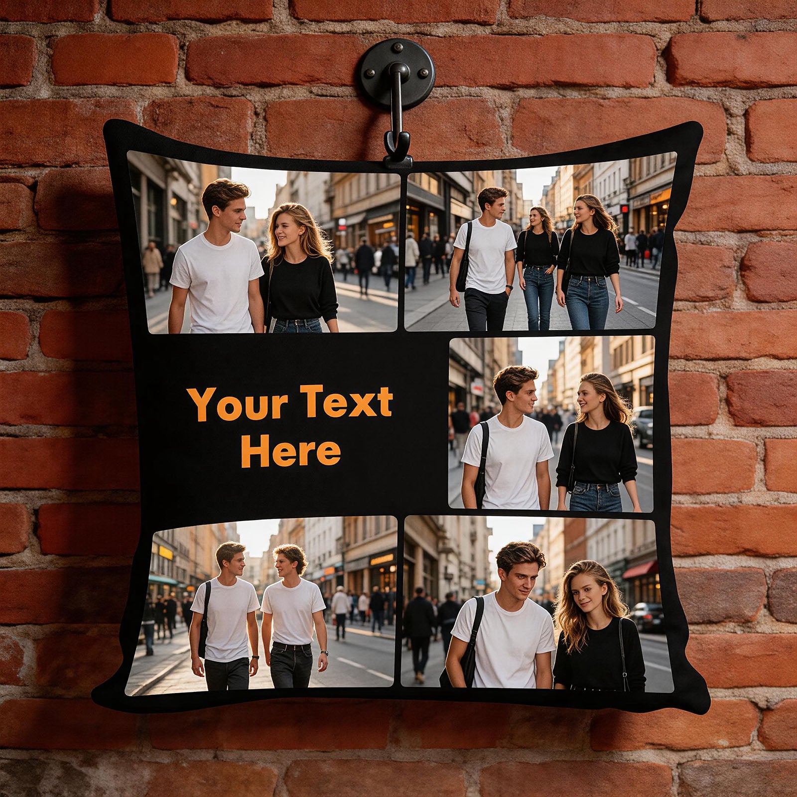 Custom Photo Collage Pillow Cover on Marble Coffee Table, Personalized City Trip Cushion Cover with Custom Text, Modern Living Room Decor Throw Pillow