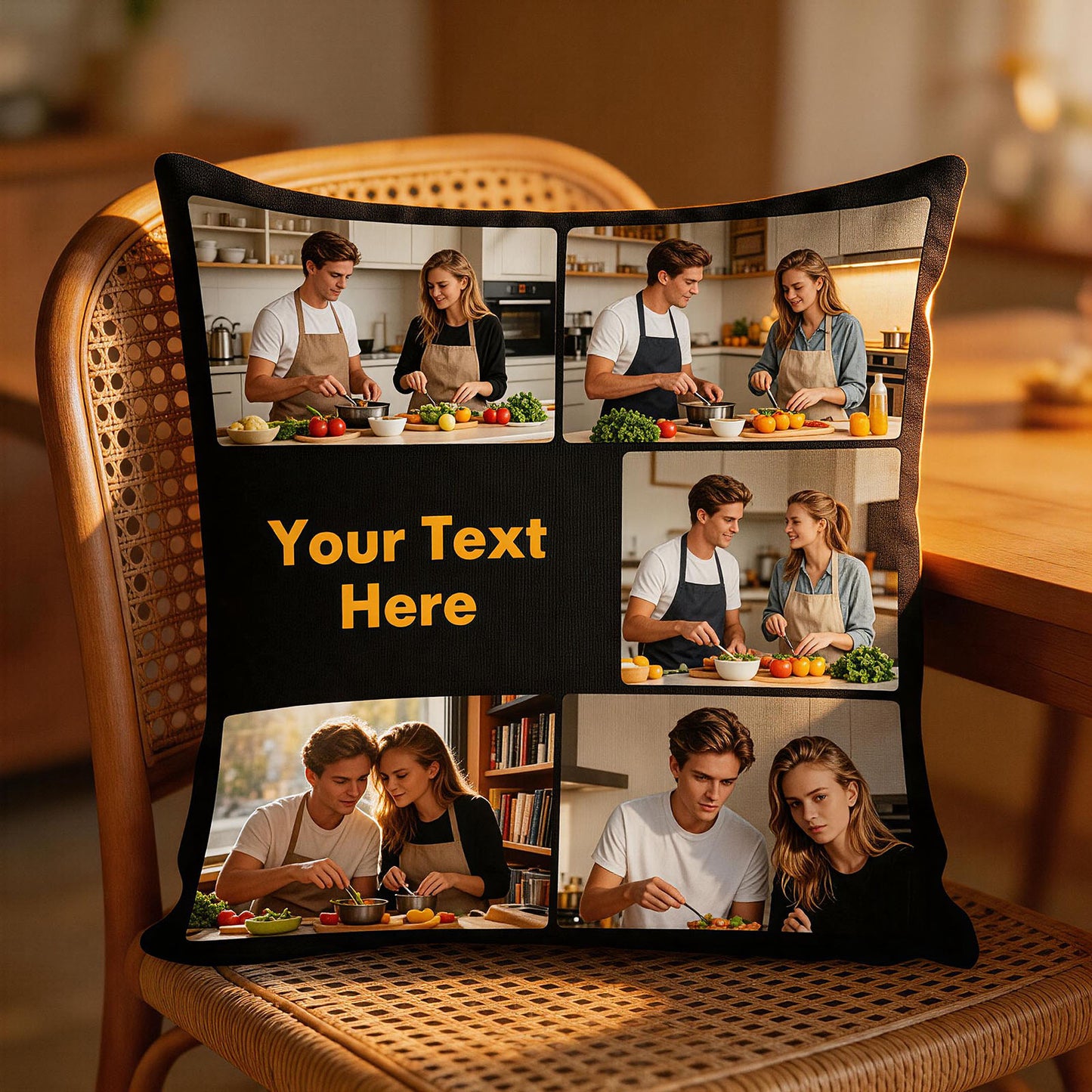 Custom Photo Collage Pillow Cover on Wicker Dining Chair, Personalized Throw Pillow for Dining Area Decor, Unique Kitchen Gift Cushion