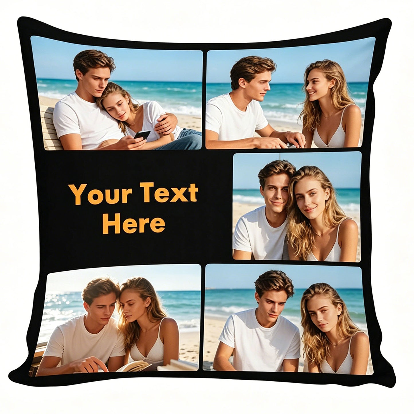 Custom Photo Collage Pillow Cover with 5 Pictures & Personalized Text, Black Border, Personalized Throw Pillow Case for Family Couples Memory Gift