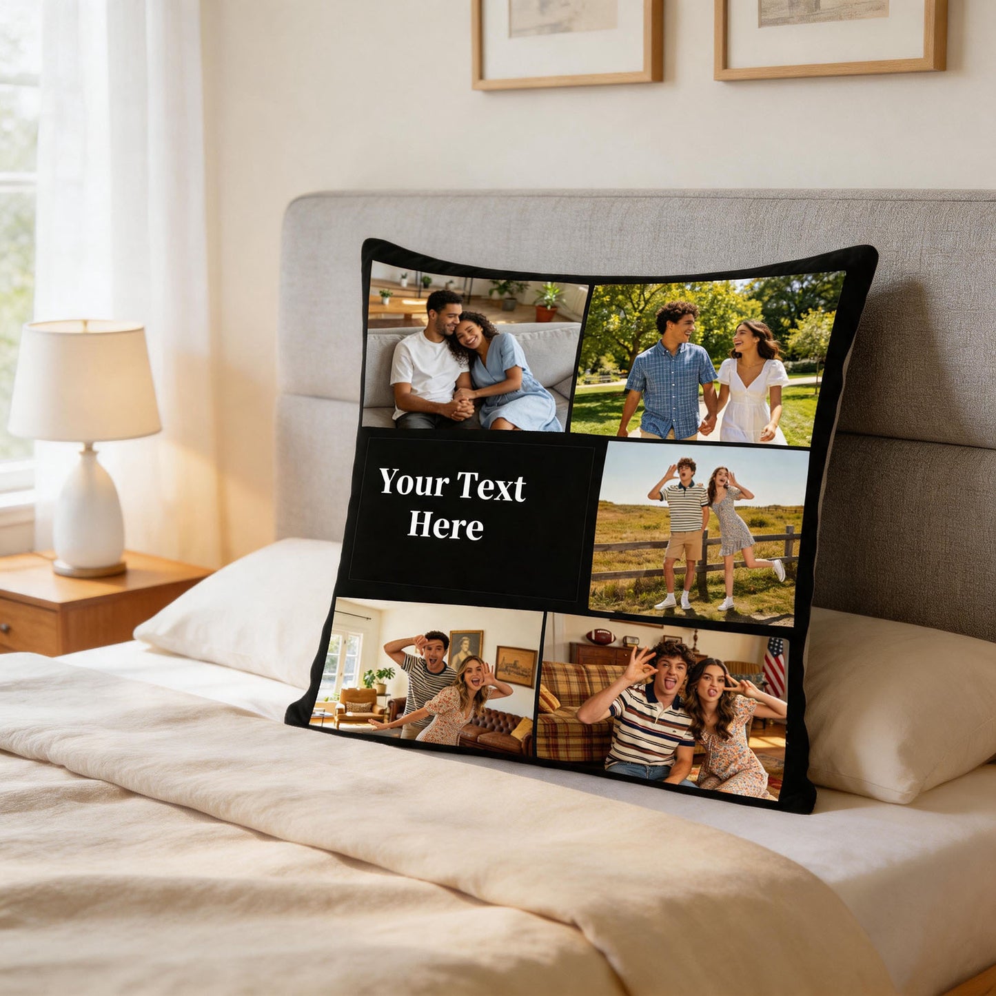 Custom Photo Pillow Cover on Bed, Personalized 5-Picture Collage Throw Pillow with Custom Text, Bedroom Decor Cushion Cover, 20x20 Inch