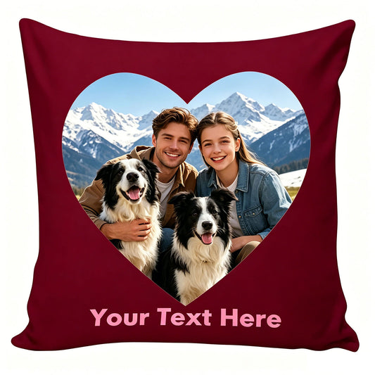 Custom Photo Pillow Cover, Personalized Heart-Shaped Throw Pillow with Couple & Border Collie Dog Photo, Burgundy Decorative Cushion Cover, Customizable Text Pillow for Adventure & Pet Lovers