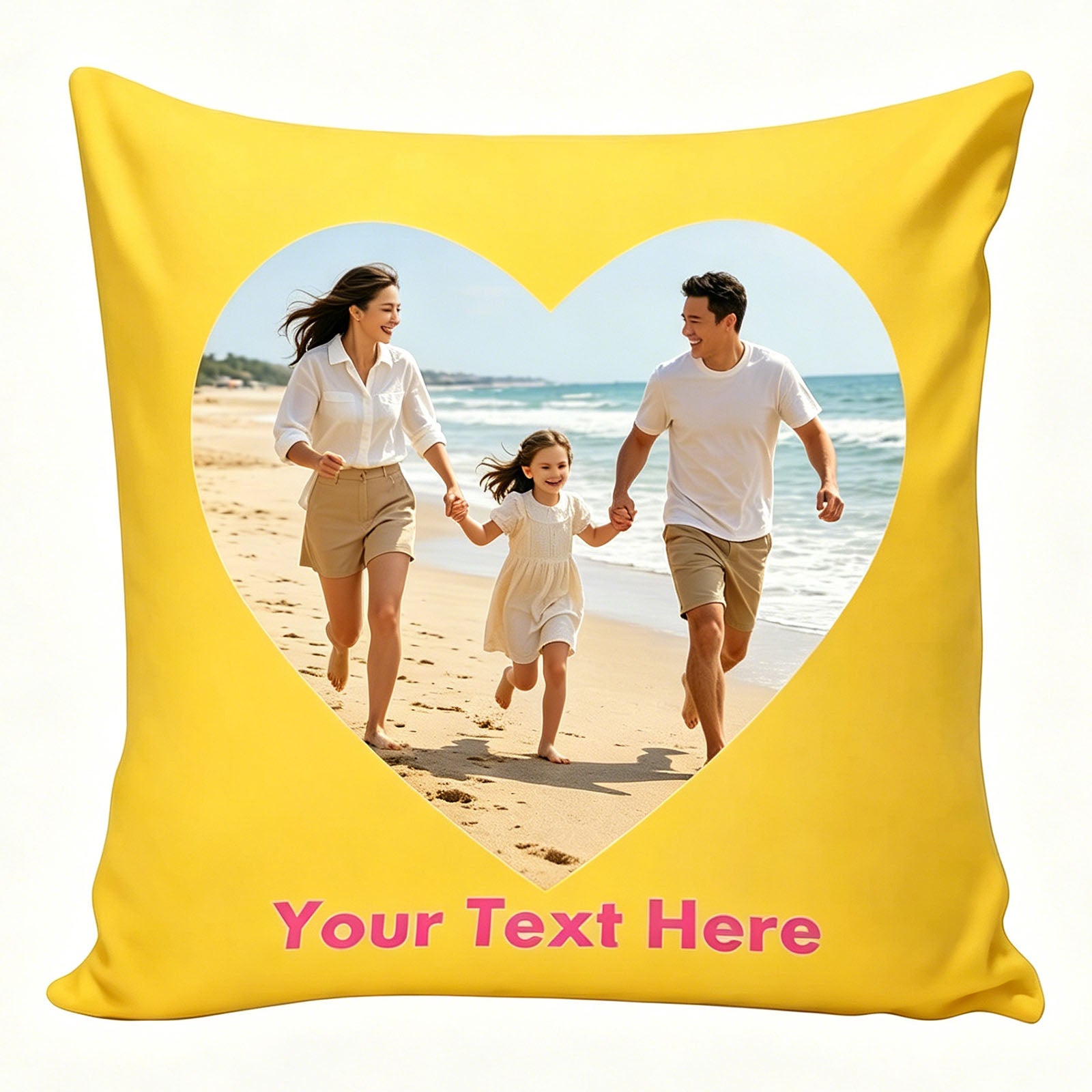 Custom Photo Pillow Cover, Personalized Heart-Shaped Throw Pillow with Family Beach Vacation Photo, Bright Yellow Decorative Cushion Cover, Customizable Text Pillow for Summer Family Memories