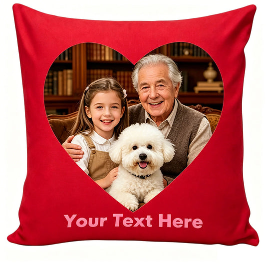 Custom Photo Pillow Cover, Personalized Heart-Shaped Throw Pillow with Family & Pet Photo, Red Decorative Cushion Cover for Home, Customizable Text Pillow for Grandparent & Grandchild Memory
