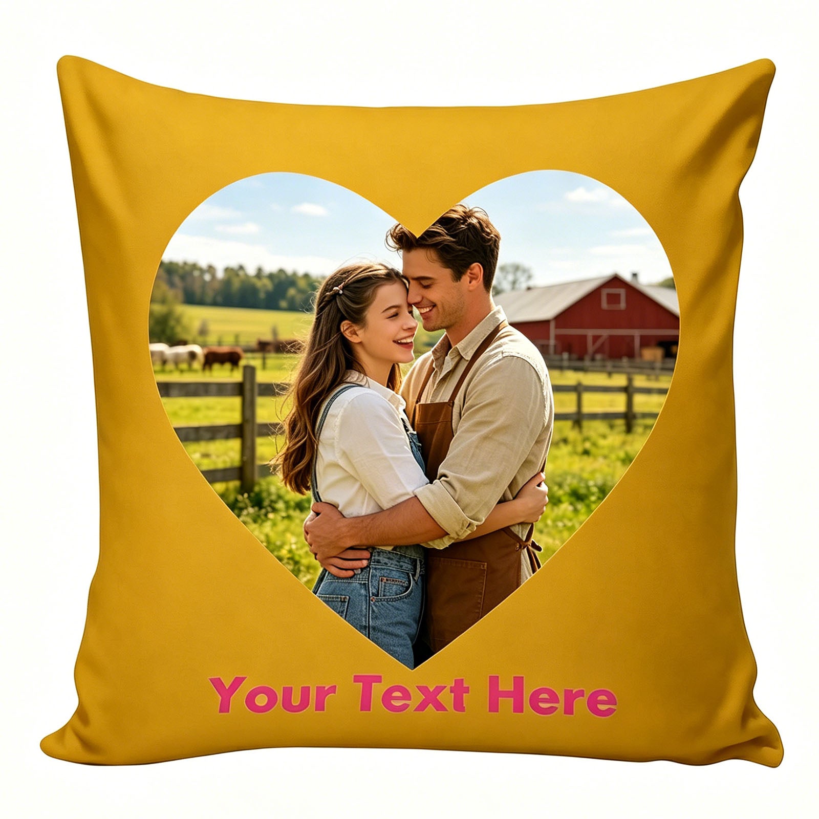 Custom Photo Pillow Cover, Personalized Heart-Shaped Throw Pillow with Farm Couple Photo, Mustard Yellow Decorative Cushion Cover, Customizable Text Pillow for Rustic & Countryside Memories
