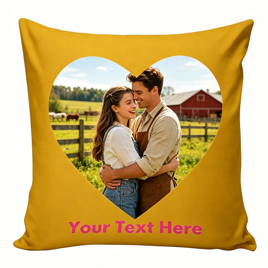 Custom Photo Pillow Cover, Personalized Heart-Shaped Throw Pillow with Farm Couple Photo, Mustard Yellow Decorative Cushion Cover, Customizable Text Pillow for Rustic & Countryside Memories