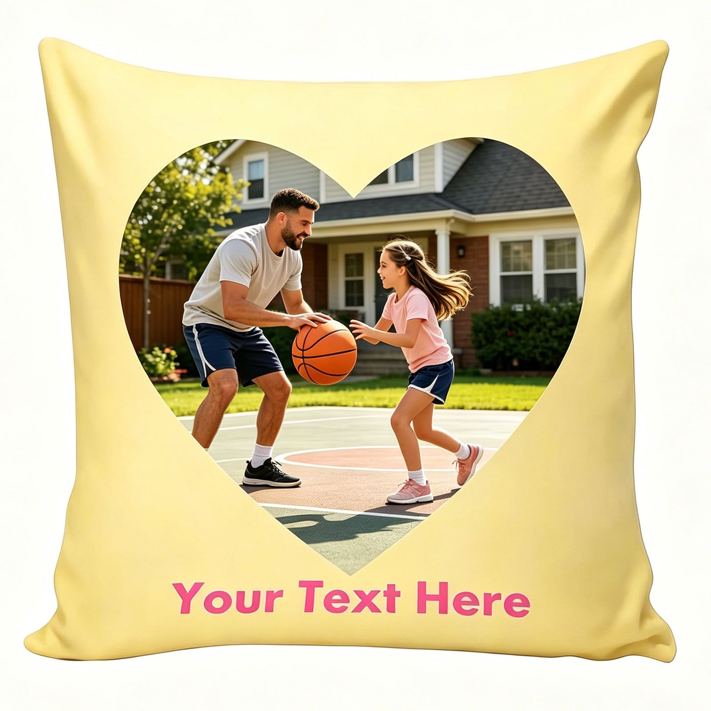 Custom Photo Pillow Cover, Personalized Heart-Shaped Throw Pillow with Father & Daughter Basketball Photo, Soft Yellow Decorative Cushion Cover, Customizable Text Pillow for Sports Family Memories