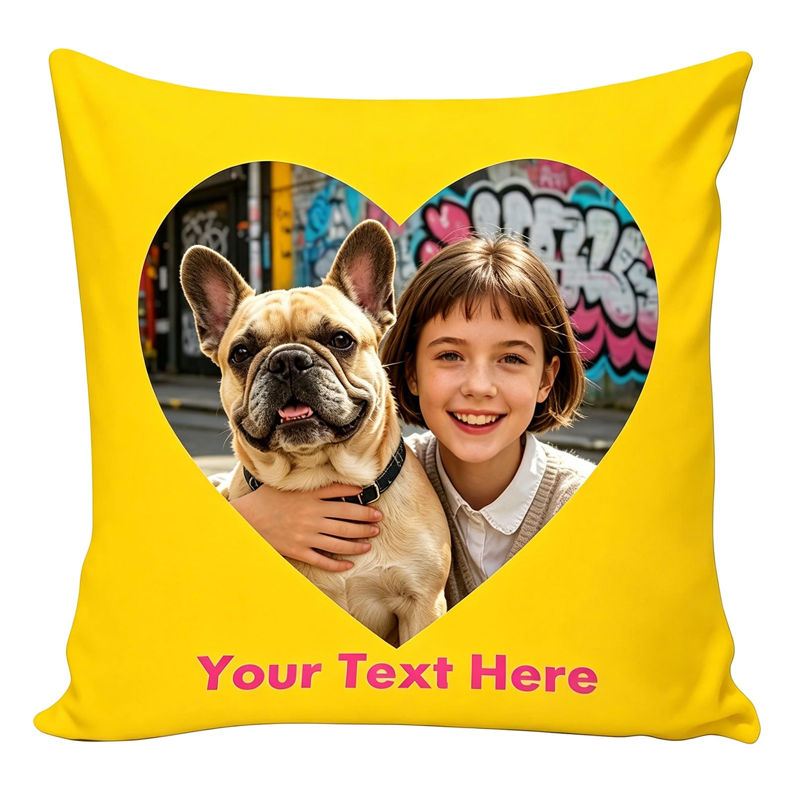 Custom Photo Pillow Cover, Personalized Heart-Shaped Throw Pillow with Kid & French Bulldog Photo, Bright Yellow Decorative Cushion Cover, Customizable Text Pillow for Pet & Family Lovers