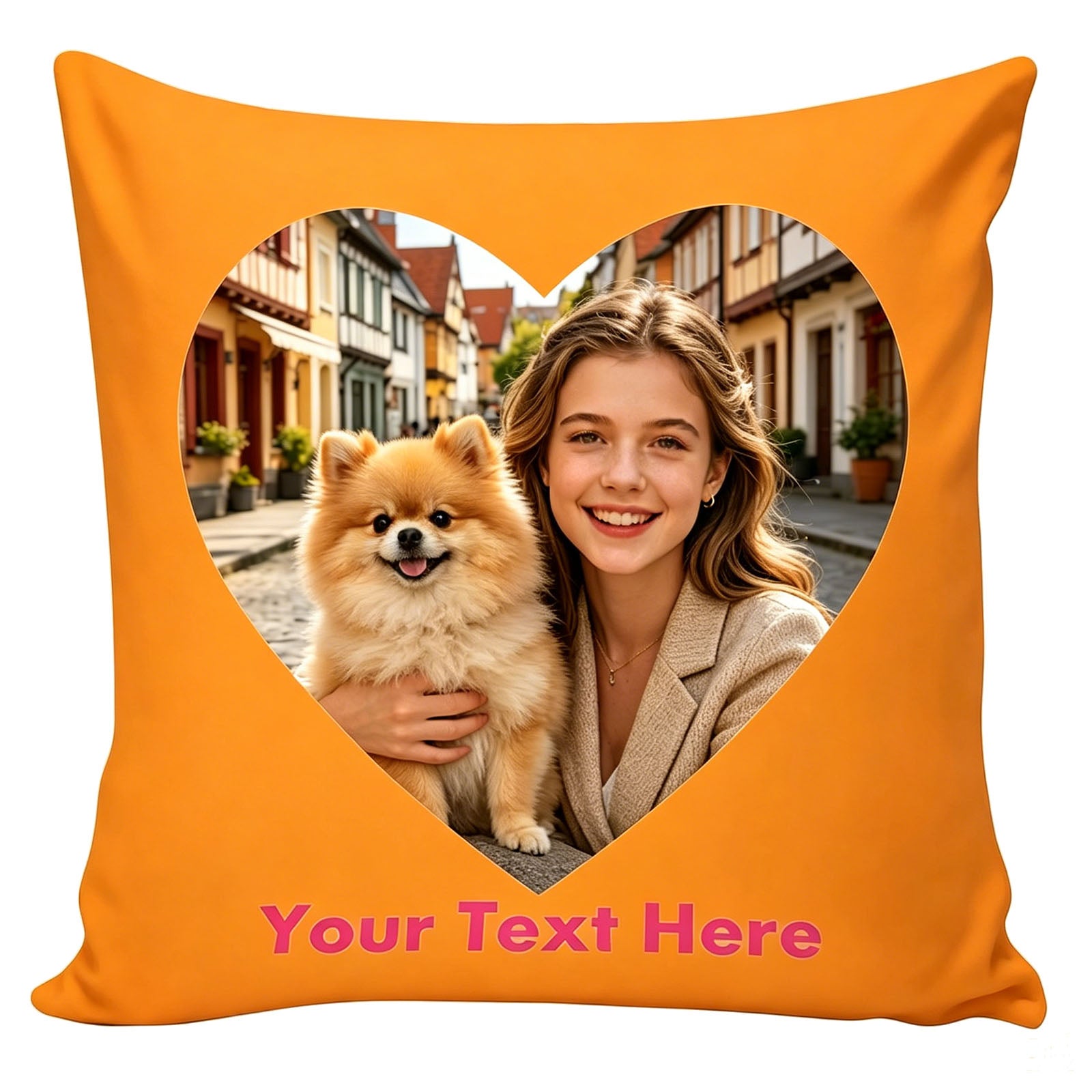 Custom Photo Pillow Cover, Personalized Heart-Shaped Throw Pillow with Woman & Pomeranian Dog Photo, Vibrant Orange Decorative Cushion Cover, Customizable Text Pillow for Pet & Owner Memory