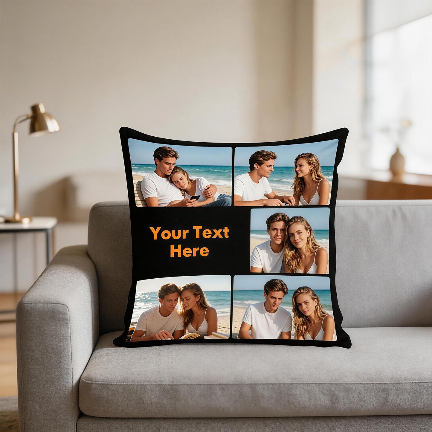 Custom Photo Pillow Cover on Bed, Personalized 5-Picture Collage Cushion Cover with Custom Text, Cozy Bedroom Decor Throw Pillow