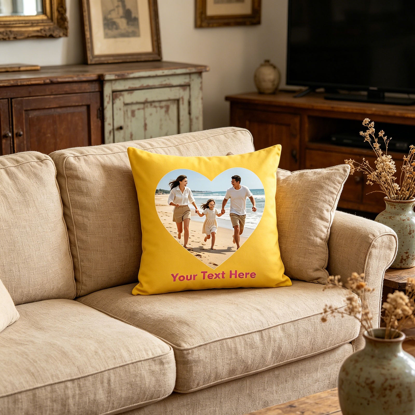 Custom Photo Pillow Cover on Beige Farmhouse Sofa, Personalized Family Vacation Memory Cushion in Rustic Living Room, Yellow Custom Throw Pillow for Cozy Farmhouse Decor