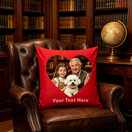 Custom Photo Pillow Cover on Brown Leather Library Chair, Personalized Family Picture Cushion in Vintage Home Office, Custom Grandparent Photo Throw Pillow for Study Room Decor