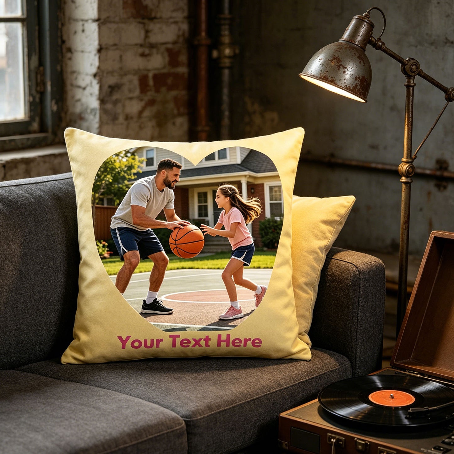 Custom Photo Pillow Cover on Gray Industrial Sofa, Personalized Sports Family Memory Cushion in Urban Loft, Yellow Custom Throw Pillow for Industrial Chic Decor