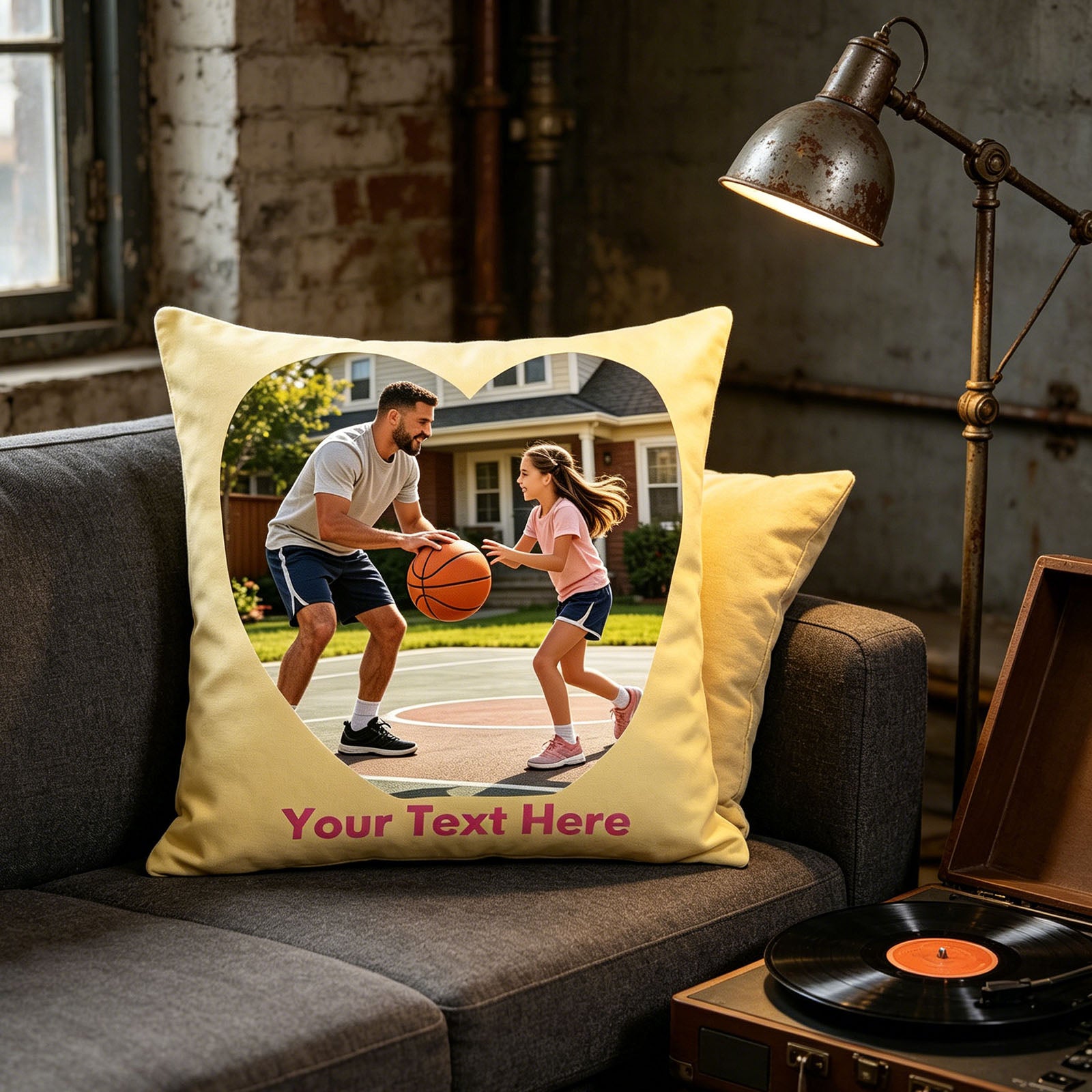 Custom Photo Pillow Cover on Gray Industrial Sofa, Personalized Sports Family Memory Cushion in Urban Loft, Yellow Custom Throw Pillow for Industrial Chic Decor