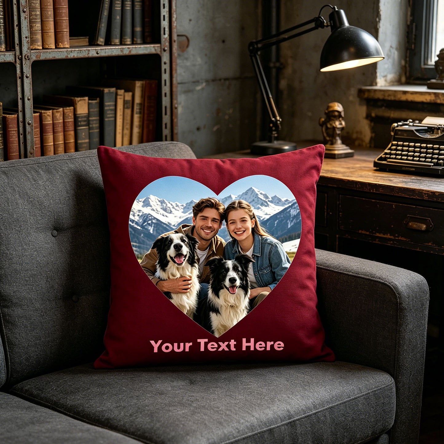 Custom Photo Pillow Cover on Gray Linen Sofa, Personalized Adventure Couple & Dog Cushion in Industrial Home Office, Burgundy Custom Throw Pillow for Urban Loft Decor