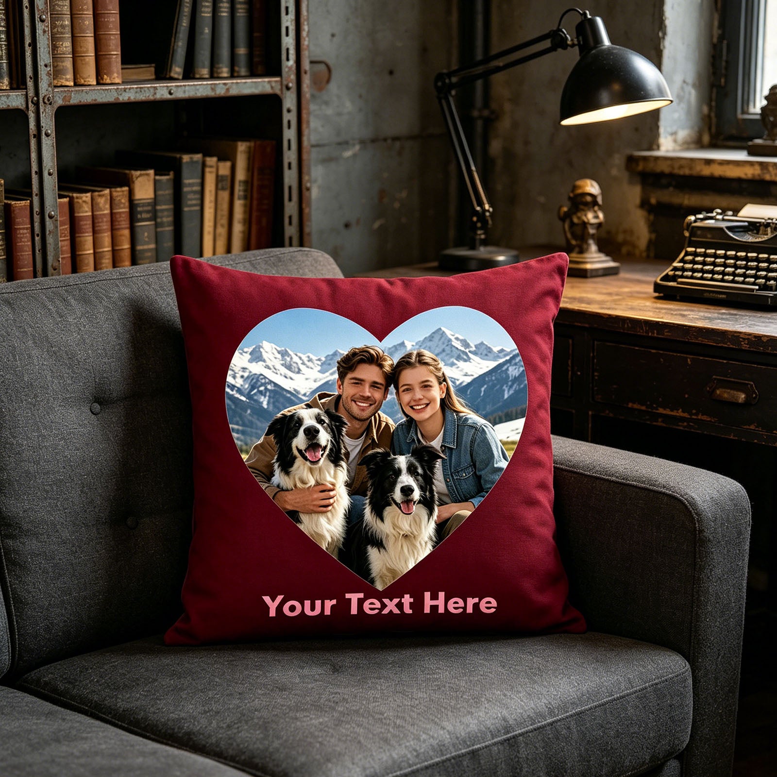 Custom Photo Pillow Cover on Gray Linen Sofa, Personalized Adventure Couple & Dog Cushion in Industrial Home Office, Burgundy Custom Throw Pillow for Urban Loft Decor